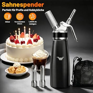 Whipped Cream Dispenser, Aluminum Cream Whipper 500mL, Whipped Cream Maker with4 Injector Tips, 3 Decorating Nozzles Brush Storage Bag and Silicone Gasket, Whipped Cream Maker Set