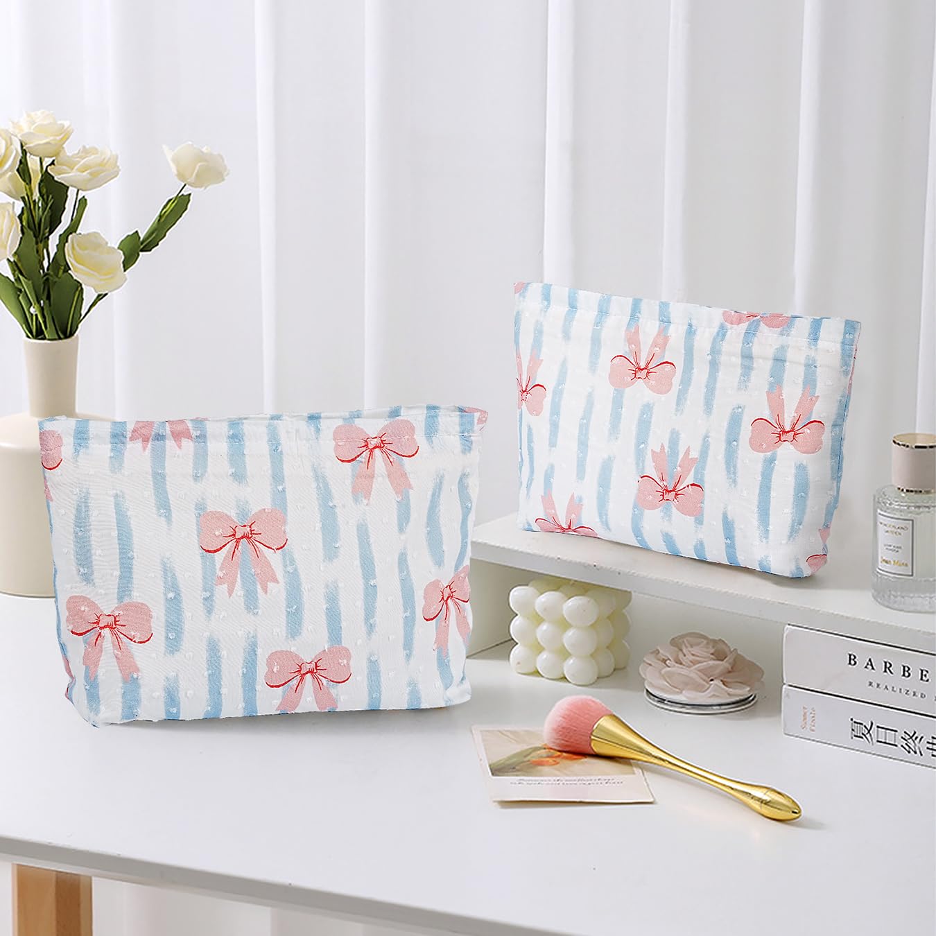 Large Makeup Bag for Purse Blue Stripe Pink Bow Cosmetic Bag for Women Girls Cute Pink Bowknot Canvas Travel Toiletry Bag Organizer - Image 2