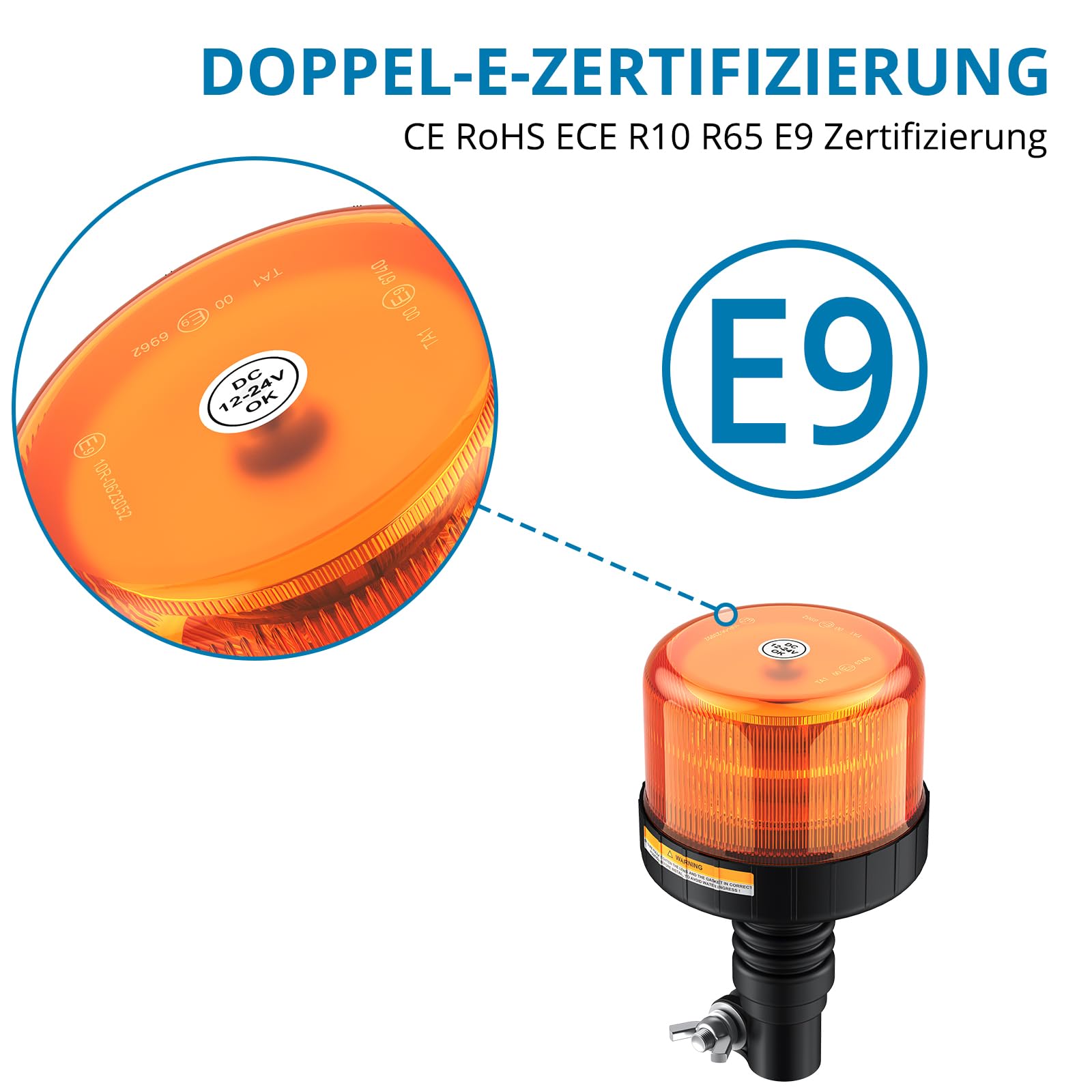 AUTOUTLET LED Rundumleuchte 12V-24V, Warnleuchte mit E9 Zulassung, 3 Blitzmodi Warnlicht IP56 Wasserdicht, Frontblitzer LED Stroboskop Rotating Flash Beacon für LKW Stapler Traktor - Schraubmontage
