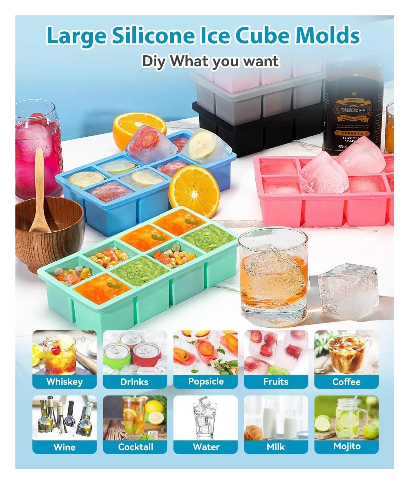 EiswüRfelform Große Eiswürfelform im 2er-Pack, 5,1 cm große Silikonformen for Whiskey-Cocktails, große quadratische Tabletts mit Deckel, auslaufsicher, stapelbar for den Gefrierschrank