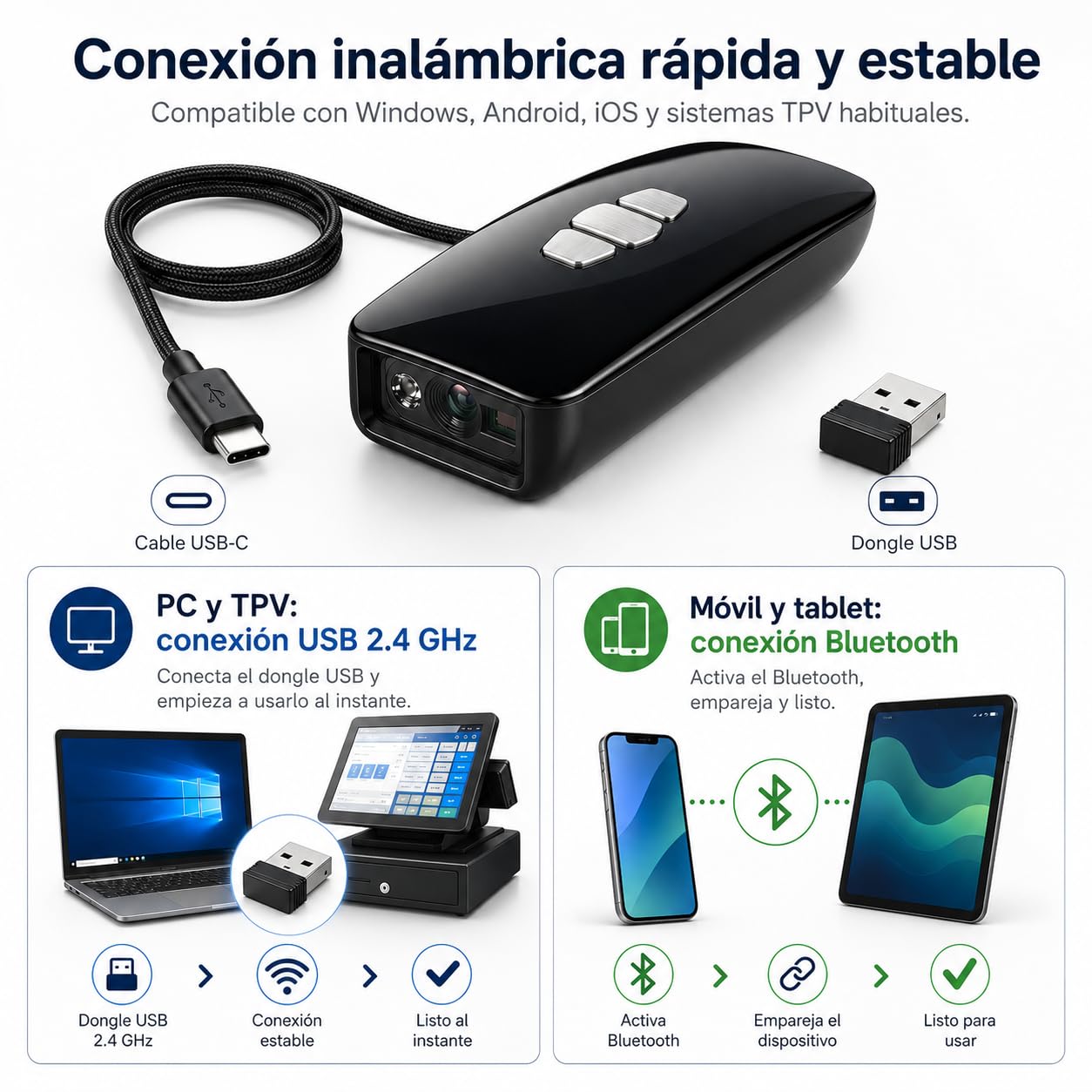 LOXS Lector codigo de Barras inalambrico 1D y Lector QR 2D para TPV y almacen – escaner codigo de Barras inalambrico Bluetooth USB 2.4GHz – Lector codigo Barras Android iOS Windows