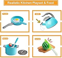 Vista 4 de Juego de 90 accesorios de cocina, cocina de simulación con ollas, sartenes, utensilios de cocina, alimentos, frutas, verduras, cestas