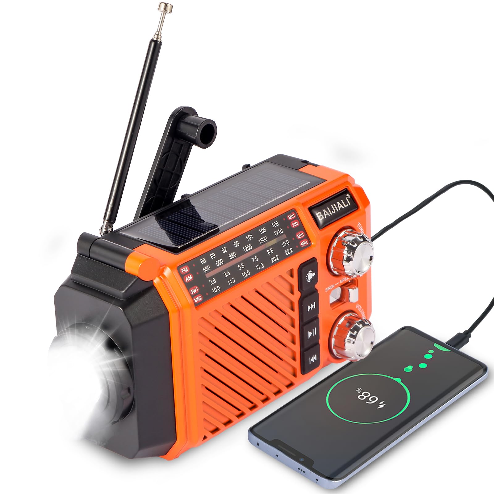 Emergency Radio with Solar, Hand Crank & USB-C Charging - 2600mAh Battery-Powered Portable Radio for FM/AM/SW Reception, Torch & SOS Alarm - Black (Wind Up, Rechargeable, Battery Operated) — view 9