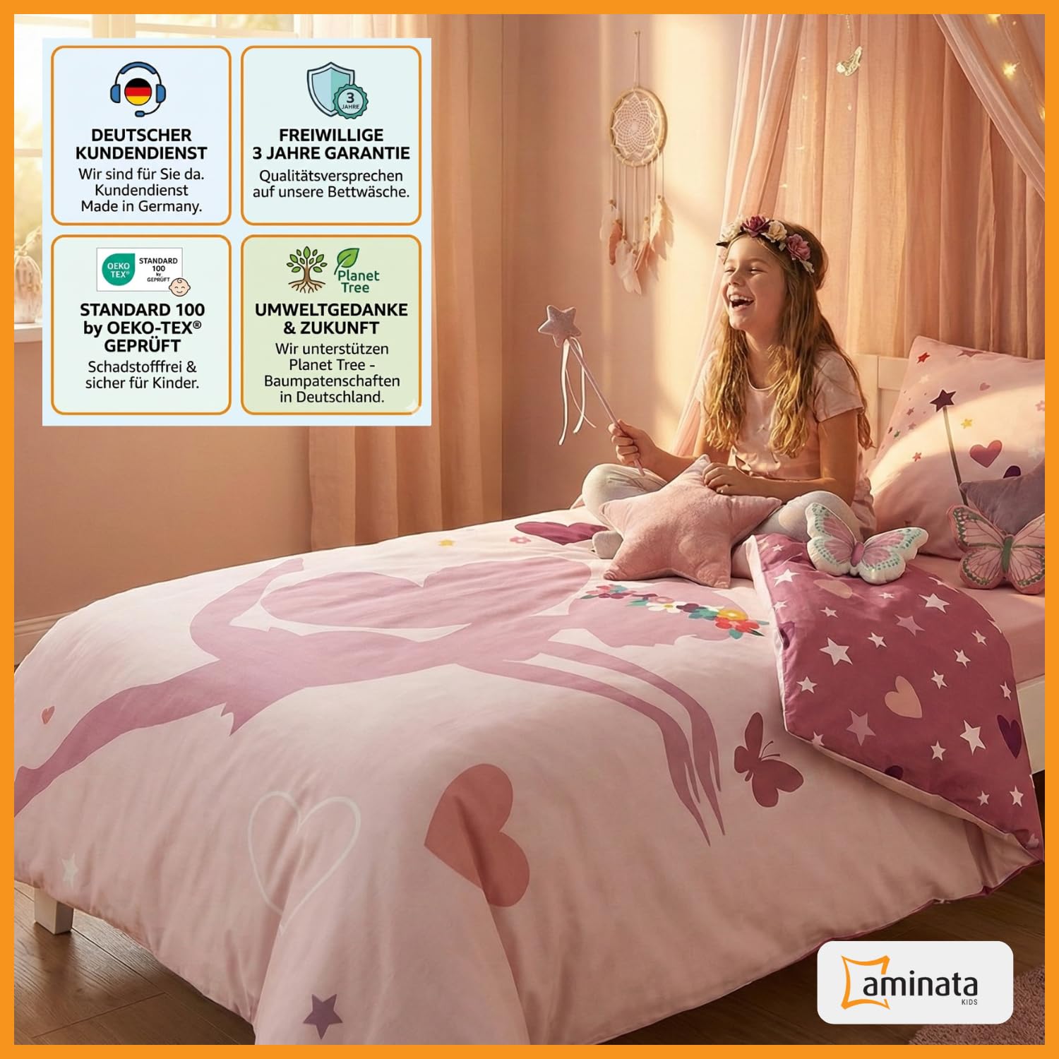 Aminata kids Biber Bettwäsche 135x200 Mädchen Fee 100% Baumwolle Feen-Motiv, Reißverschluss warm & kuschelig, Winter Wende-Bettwäsche-Set