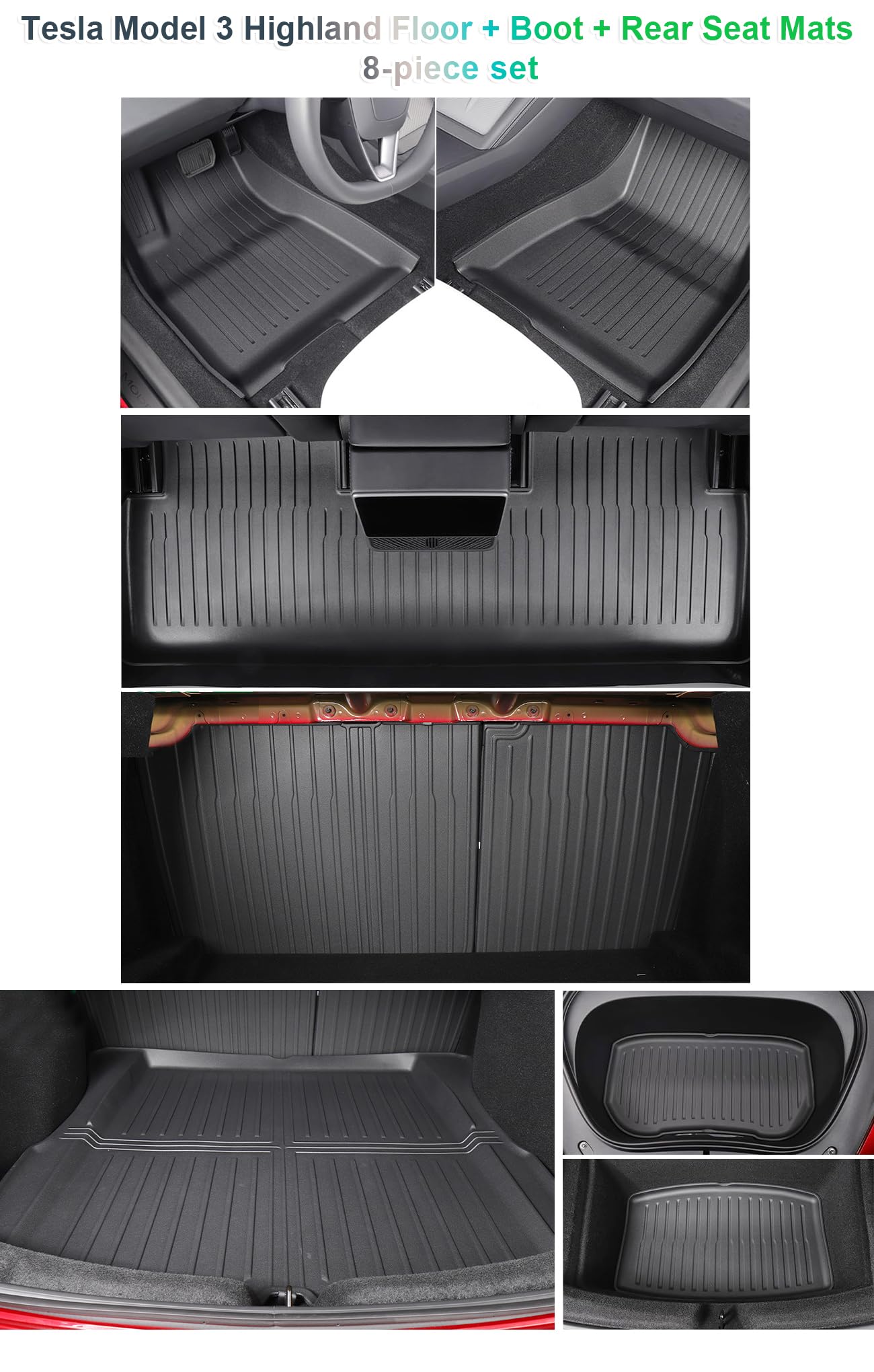 [8 PZS] GAFAT Tesla Model 3 Highland Standard Premium 2026 2025 2024 Alfombrillas Goma + Maletero Juego Completo, TPE Todo Tipo de Climas, Borde Alto Escaneo 3D Original OEM, Protección 360°