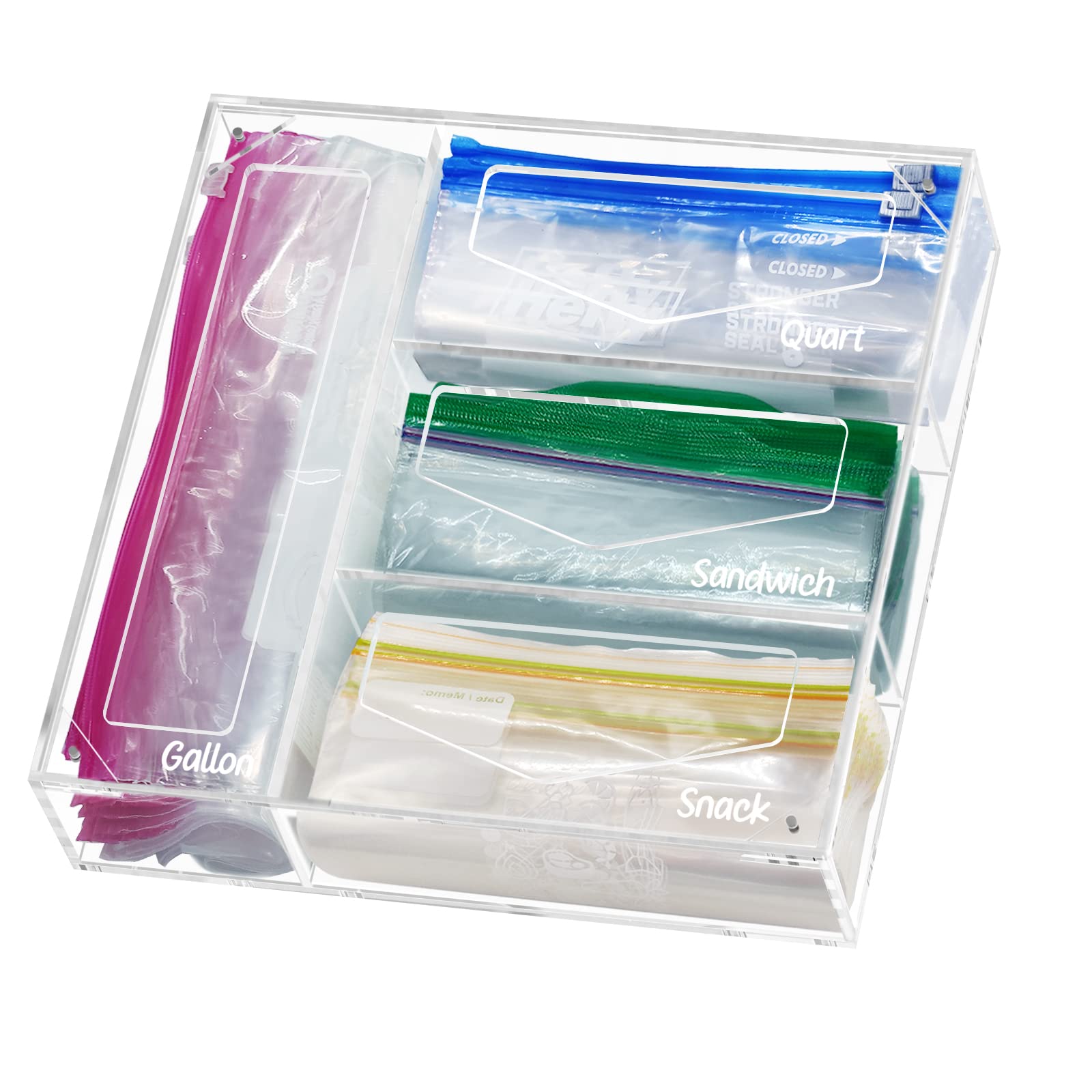 Acrylic Ziplock Bag Storage Organizer for Kitchen Drawer and Wall Mount,Food Storage Bag Holder Compatible with Ziploc, Solimo, Glad, Hefty for Gallon, Quart, Sandwich,Snack Bags (Clear)**** the door that opens needs glued back on in one corner 