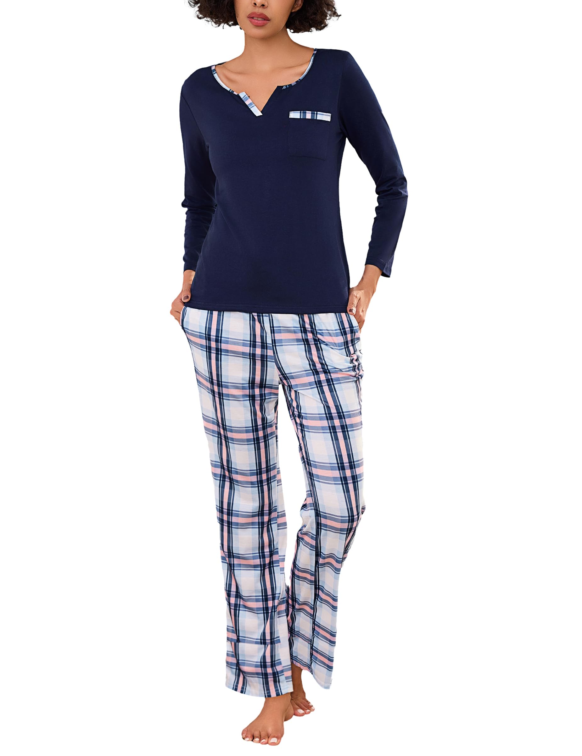 Bresdk Schlafanzug Damen Lang Pyjama Set Baumwolle Winter Langarm Kariert Nachtwäsche