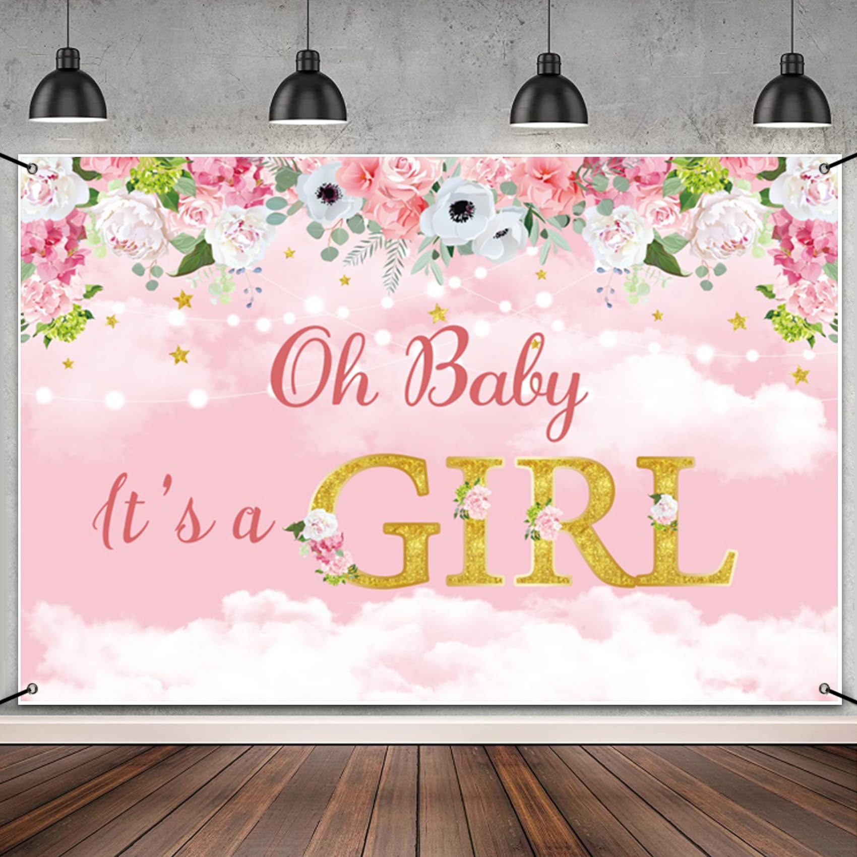MIRRORANG 6x3.6ft Baby Shower Party Backdrop Decorations - It's a Girl Pink Floral Banner for Girl's Party Supplies - Polyester Fabric - Image 3