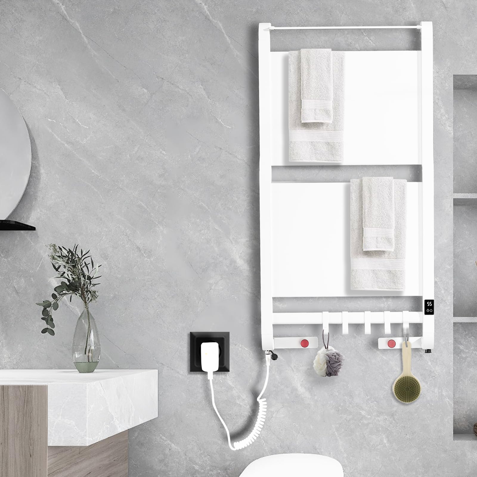 Scaldasalviette Elettrico, Termosifoni Moderni con Schermo LED, Radiatore Elettrico Basso Consumo, Portasciugamani Elettrico Temporizzatori e Termostato, Termoarredo Elettrico a Parete- White 194W