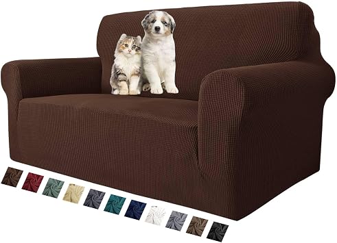 MAXIJIN Stretch Loveseat Sofa Slipcovers 1 piece Love Seat Couch Covers for 2 Cushion Couch Non Slip Sofa Cover Washable Dog Cat Proof Furniture Protector Pet Friendly Loveseat, Coffee