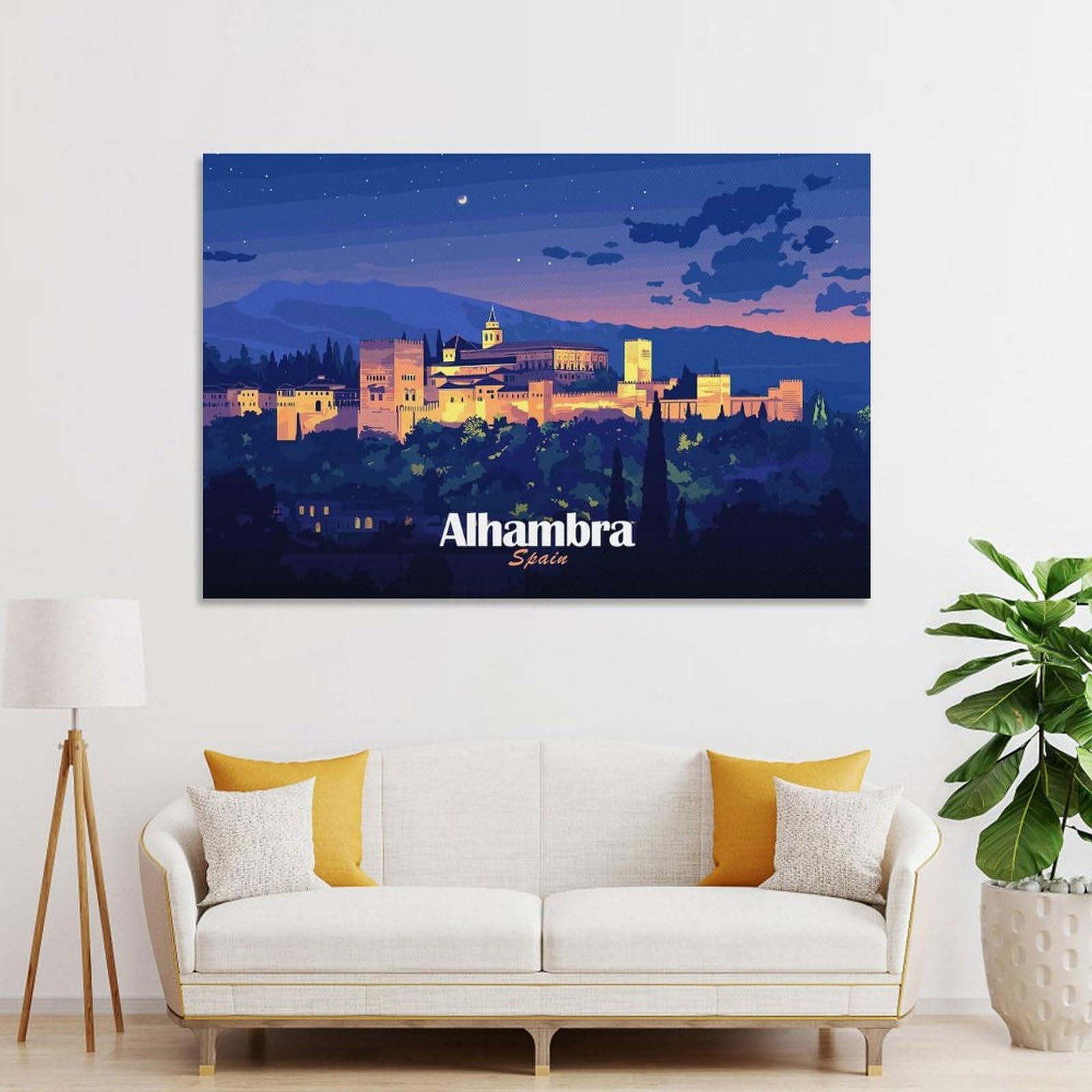 Junmoney Unframe-Style-8-1 Canvas Art Print Alhambra, Spain At Night, 12X18inch(30X45cm), For Office, Study Or Home Workspace, Wall Art That Adds Style To Work Areas