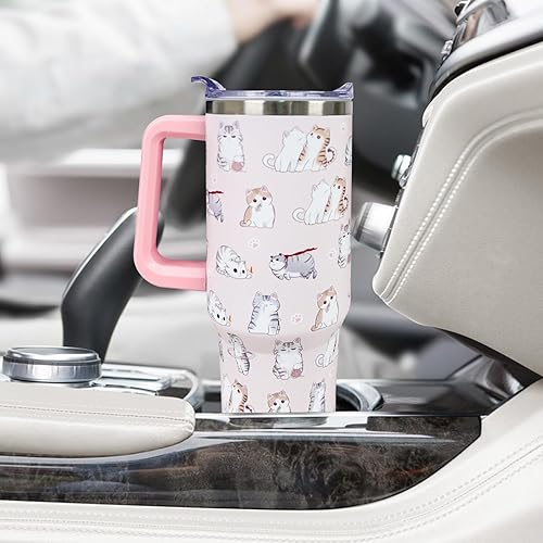 Miniatura 4 de muanns Vaso de viaje con tapa y pajita, de acero inoxidable, con diseño de gato rosa, con aislamiento al vacío, de 40 onzas, regalos para mujeres,