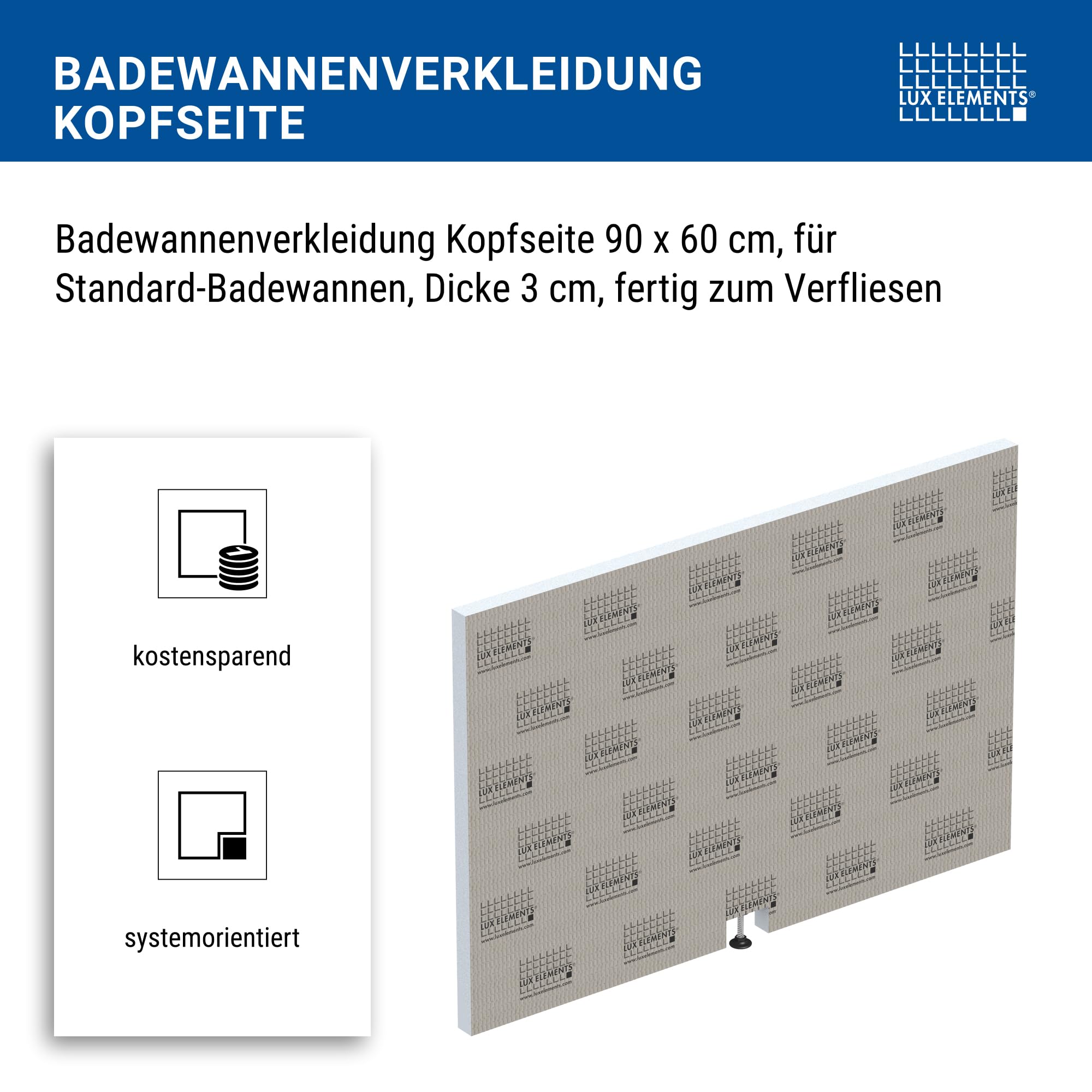 LUX ELEMENTS Badewannenverkleidung Kopfseite Fertig zum Verfliesen 90 x 60cm I Hartschaumplatte 3cm Verkleidungselement für die Badewanne mit höhenverstellbarem Fuß