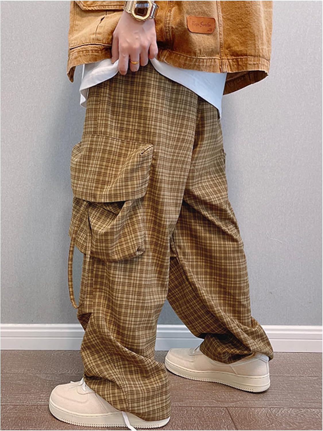 GORGLITTER Men's Gingham Baggy Cargo Pants Drawstring Waist Plaid Wide Leg Trousers Pants with Pockets