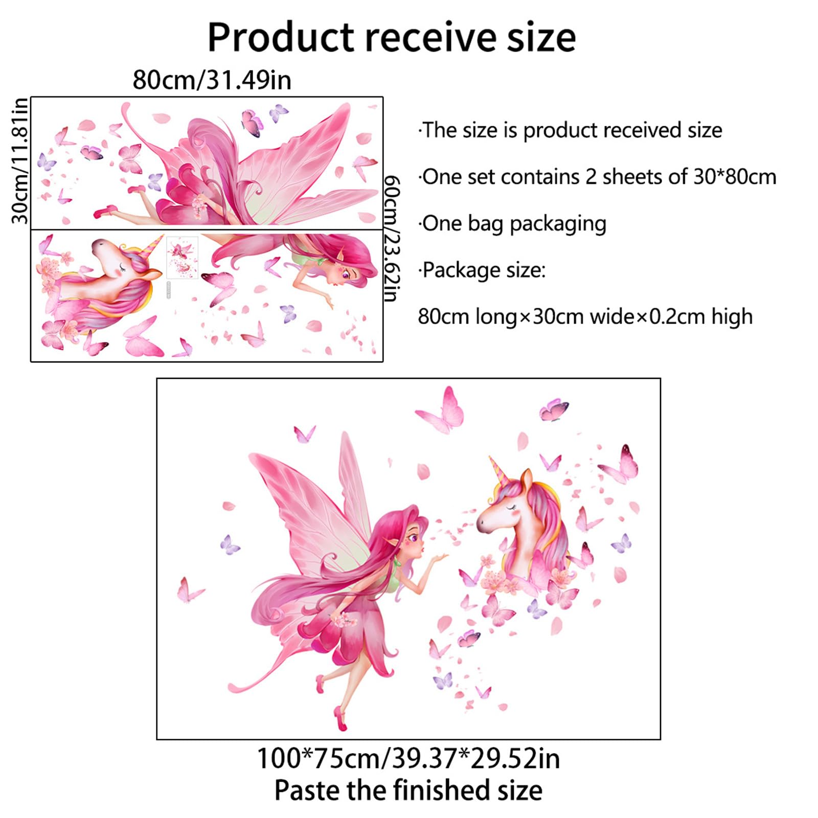 Fairy Unicorn Wall Stickers for Girls Bedroom Peel and Stick Pink Fairy & Unicorn Wall Decals with Butterflies - Image 2