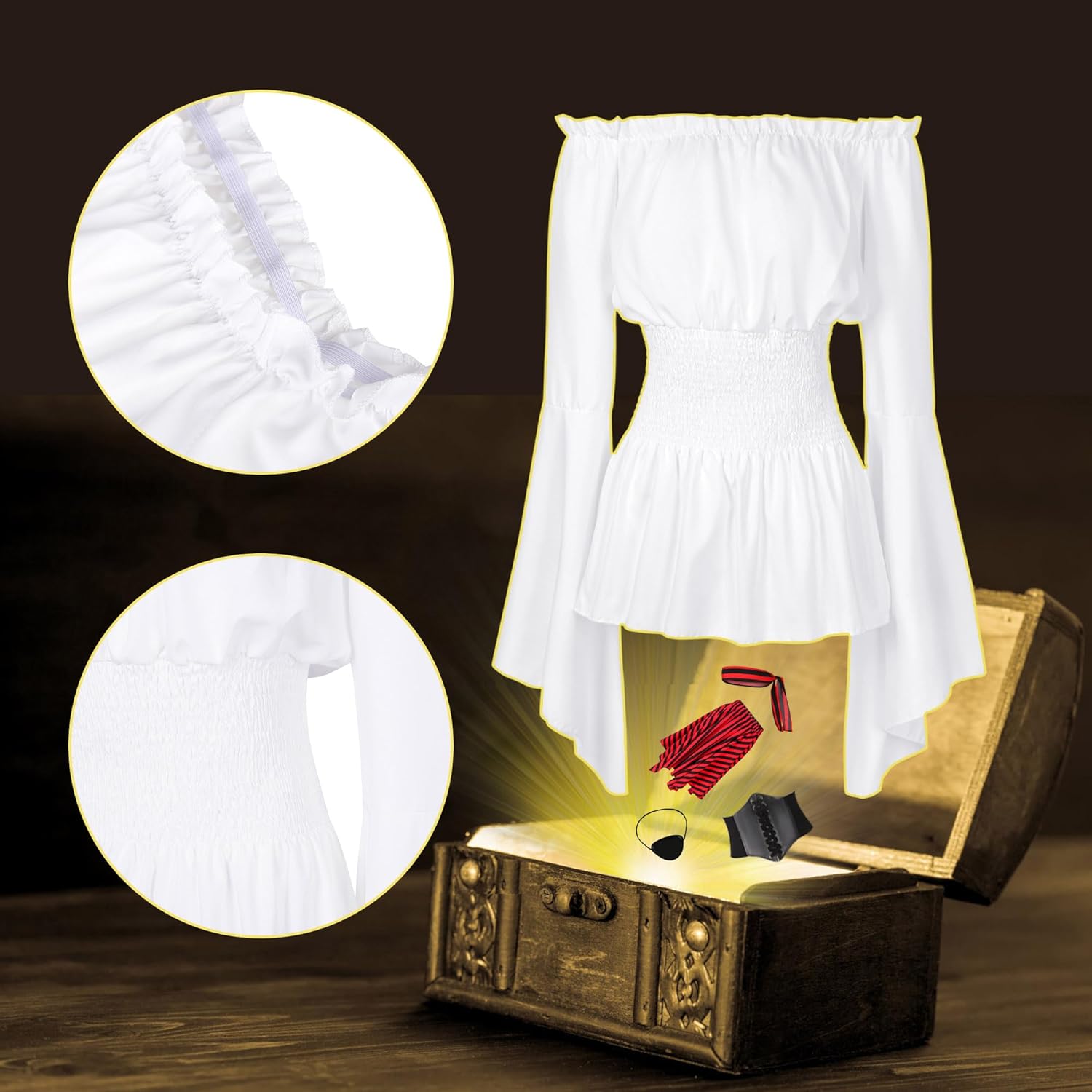 Cosrea Pirate Costume Adult Women Renaissance Shirt Bandana Corset Waist Belt Eye Patch Halloween Pirate Queen Outfit - Image 5