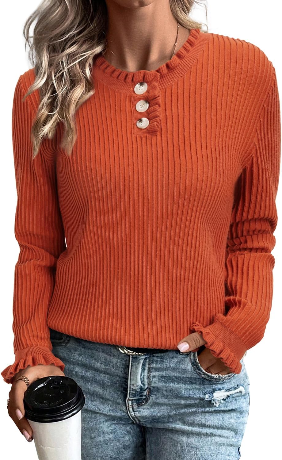 arach&cloz womens swaters 2024 fall fashion outfits long sleeve crewneck knit tops ruffle casual t-shirts cute tees blouses medium rust