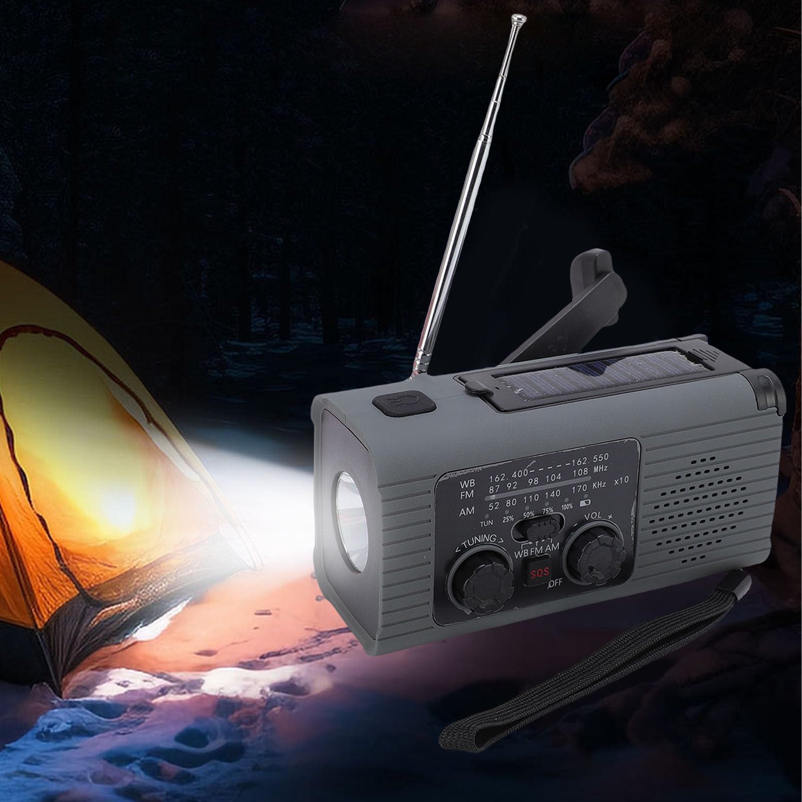 Radio z korbką słoneczną, Awaryjna ładowarka Radia z korbką ręczną z Akumulatorem Litowo-jonowym 2000 MAh, Prognoza Pogody AM/FM NOAA, Zasilanie Słoneczne USB, Chowana Lampa do