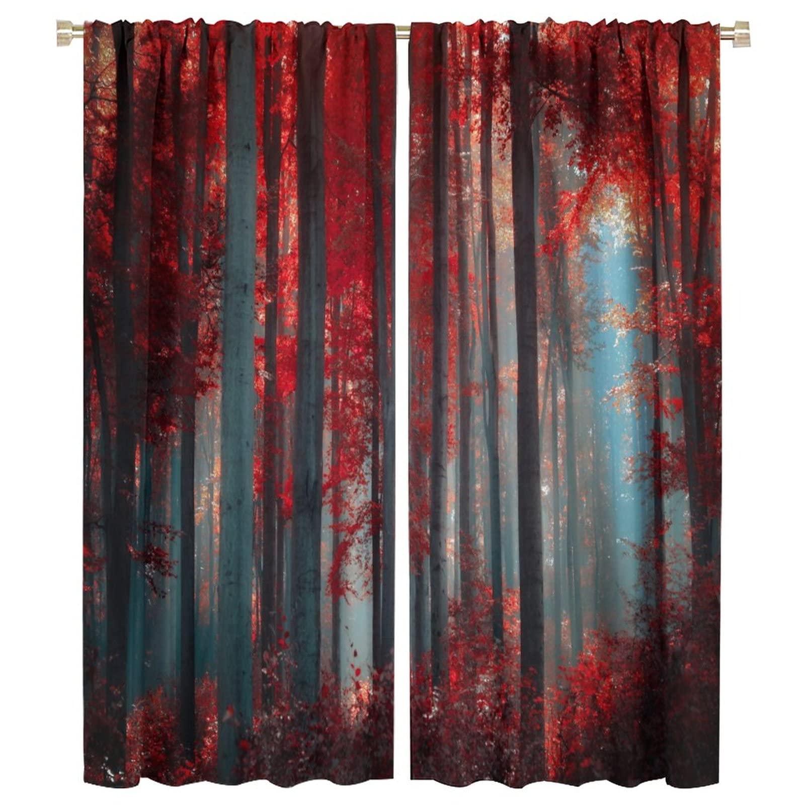 JESTRONRY Red Forest Window Curtains,Mystic Foggy Trees Natural Landscape Print Pattern Blackout Window Rod Pocket Curtains for Bedroom Living Room Kitchen Home Decor,2 Panels W42xL54in