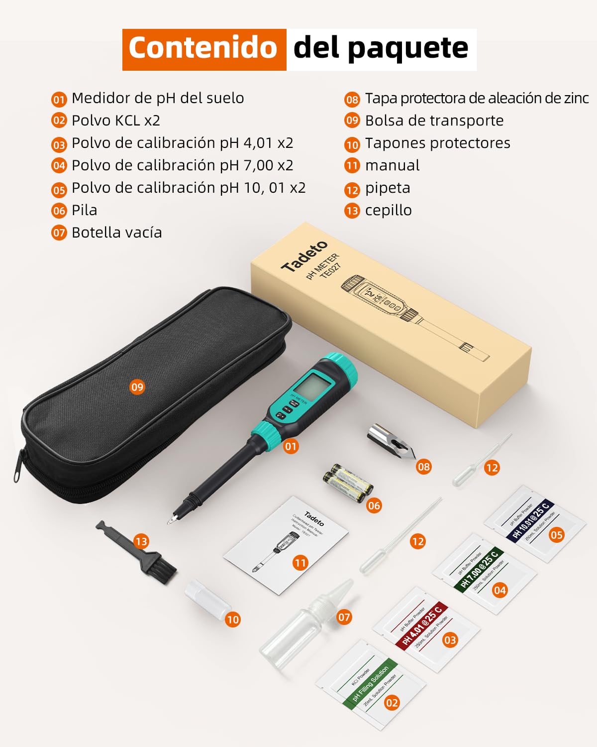 Tadeto Medidor de pH del Suelo, medidor del valor de pH para jardín, agua y alimentos con cabezal metálico protector y pantalla LCD