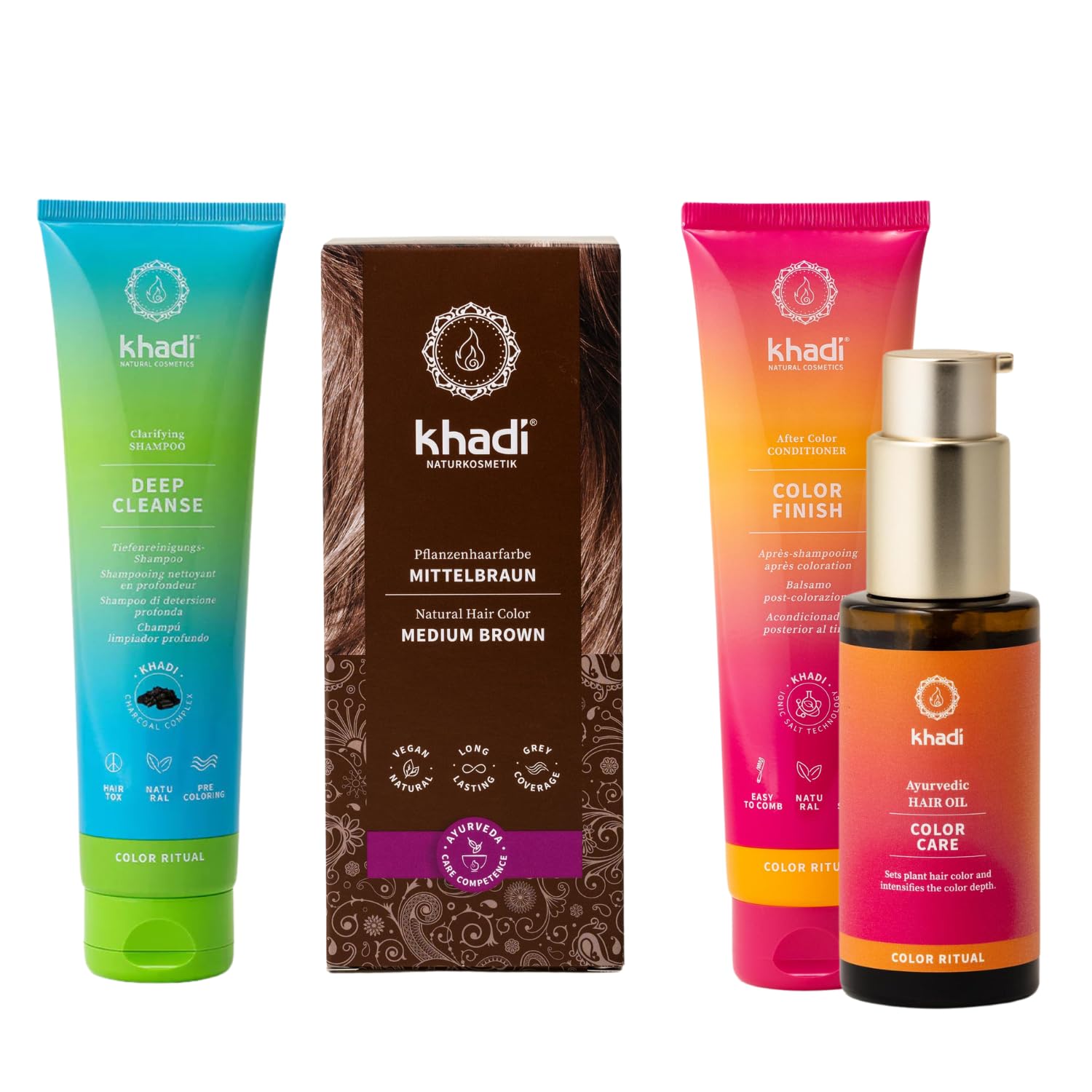 khadi ColorCycle CASTANO MEDIO Kit completo - Tinte vegetal para el cabello + DEEP CLEANSE Champú clarificante ayurvédico + COLOR FINISH Acondicionador para después del tinte + Aceite capilar COLOR CA