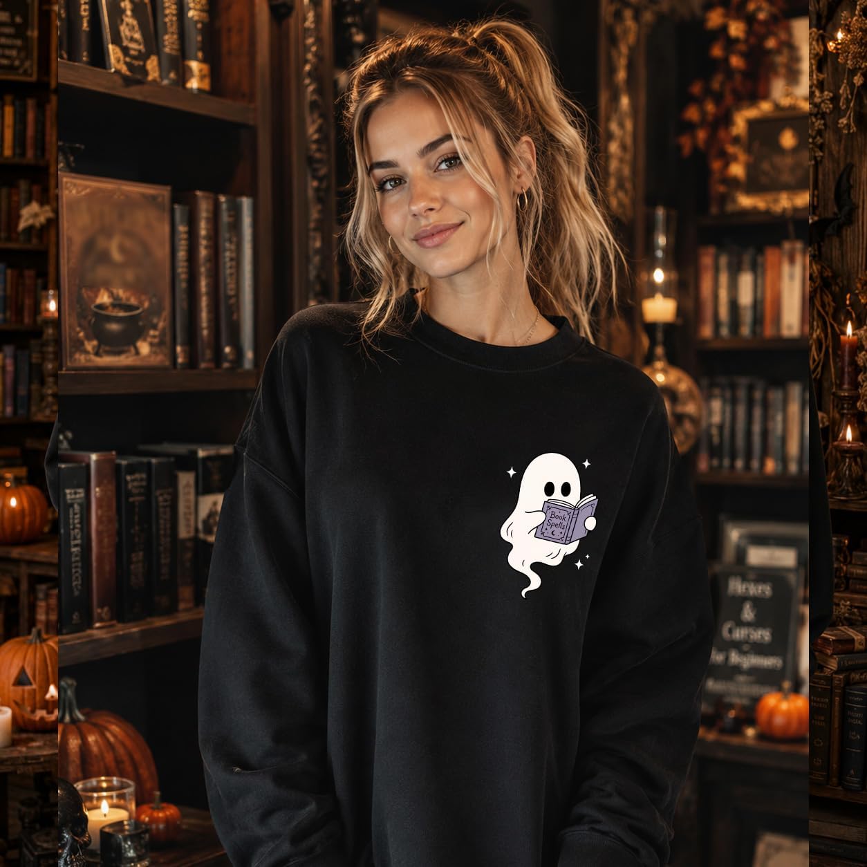 Halloween Sweatshirts Women Ghost Reading Book Sweatshirt Teacher Tee Tops