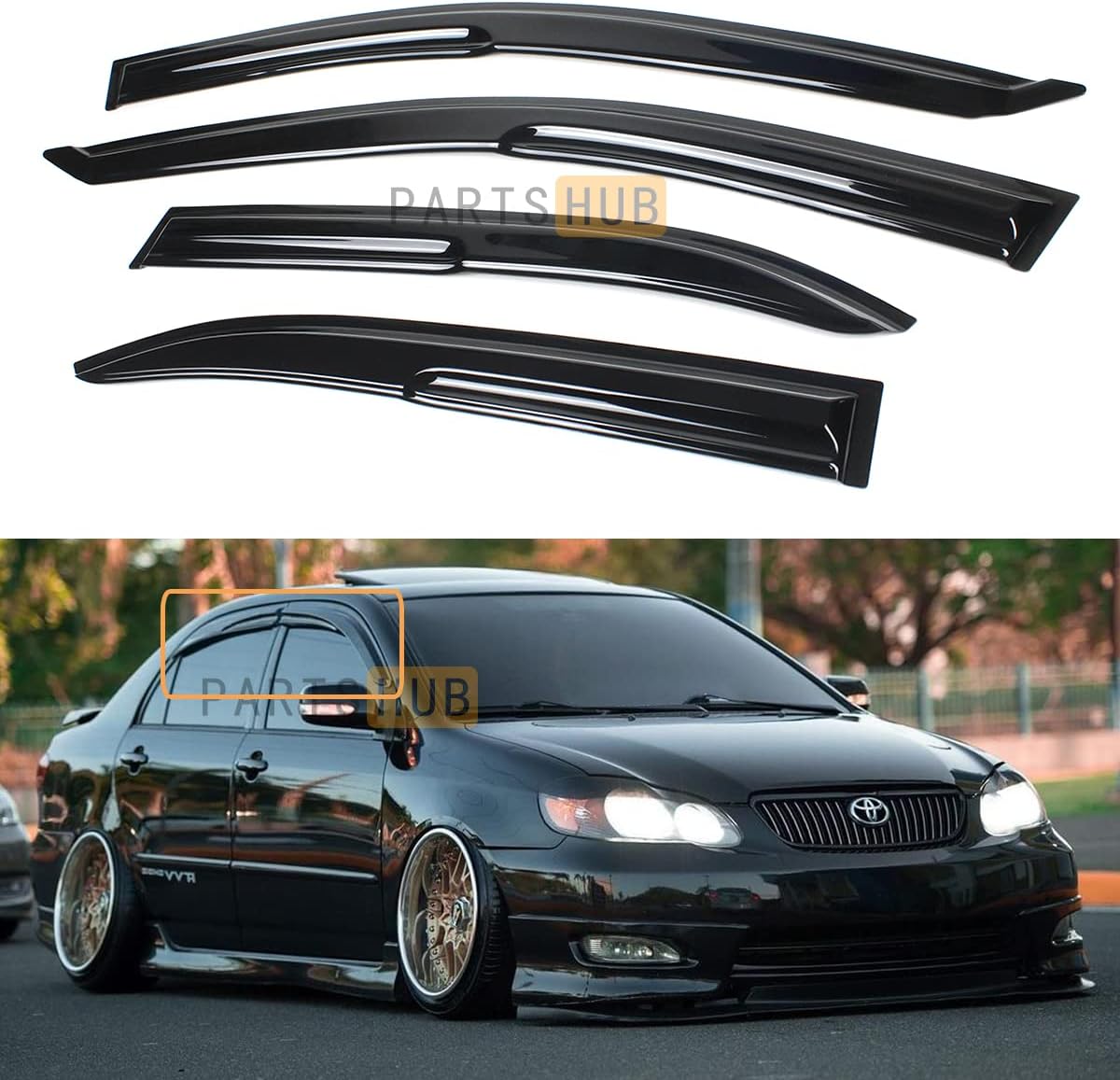 Fits for 2003-2008 Toyota Corolla Sedan JDM Wavy Mugen Style Window Visors Rain Guards Deflectors