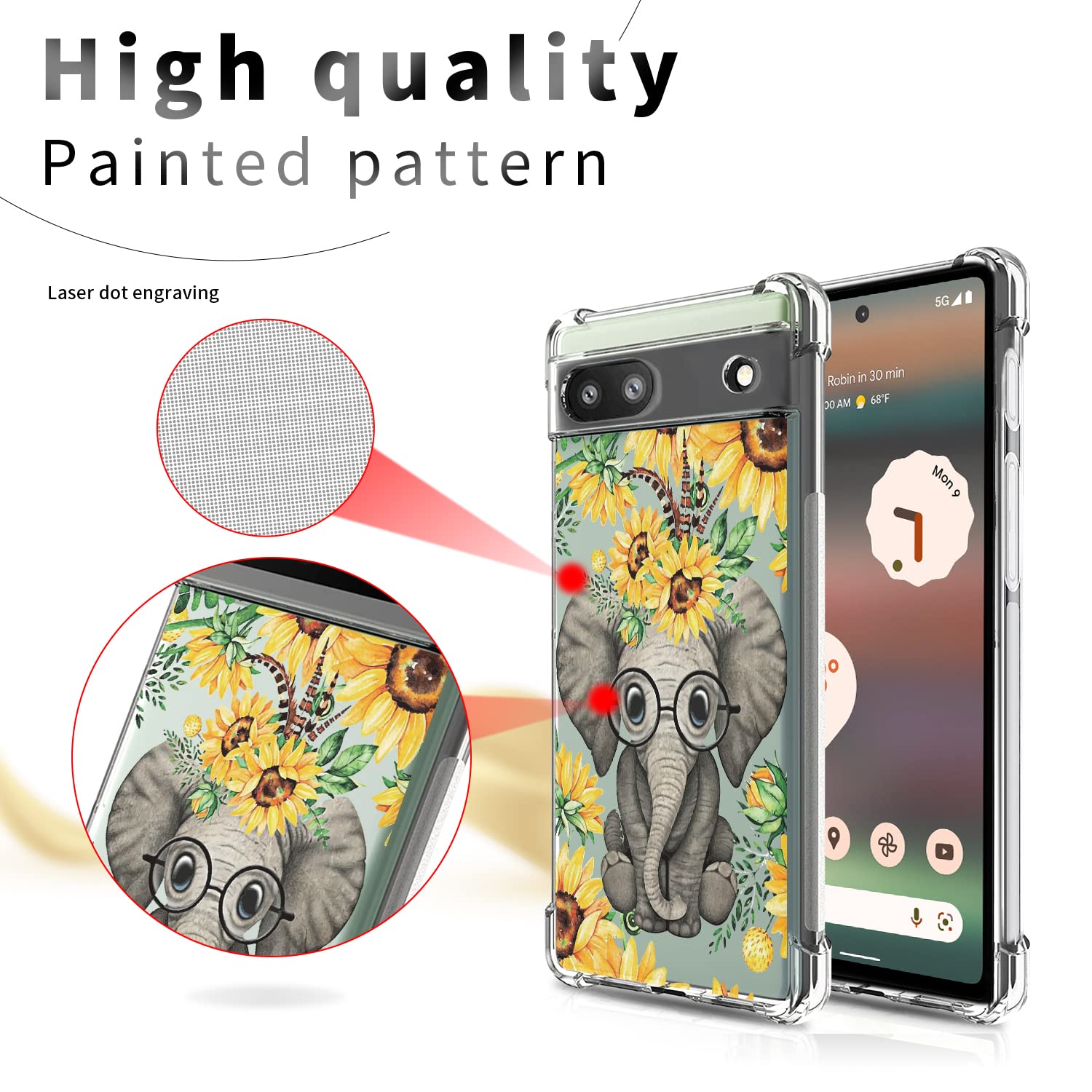 Funda transparente para Google Pixel 6a con diseño de elefante de girasol para mujeres y niñas, diseño bonito, suave, a prueba de golpes, flexible, transparente, funda trasera para teléfono celular Google Pixel 6a 2
