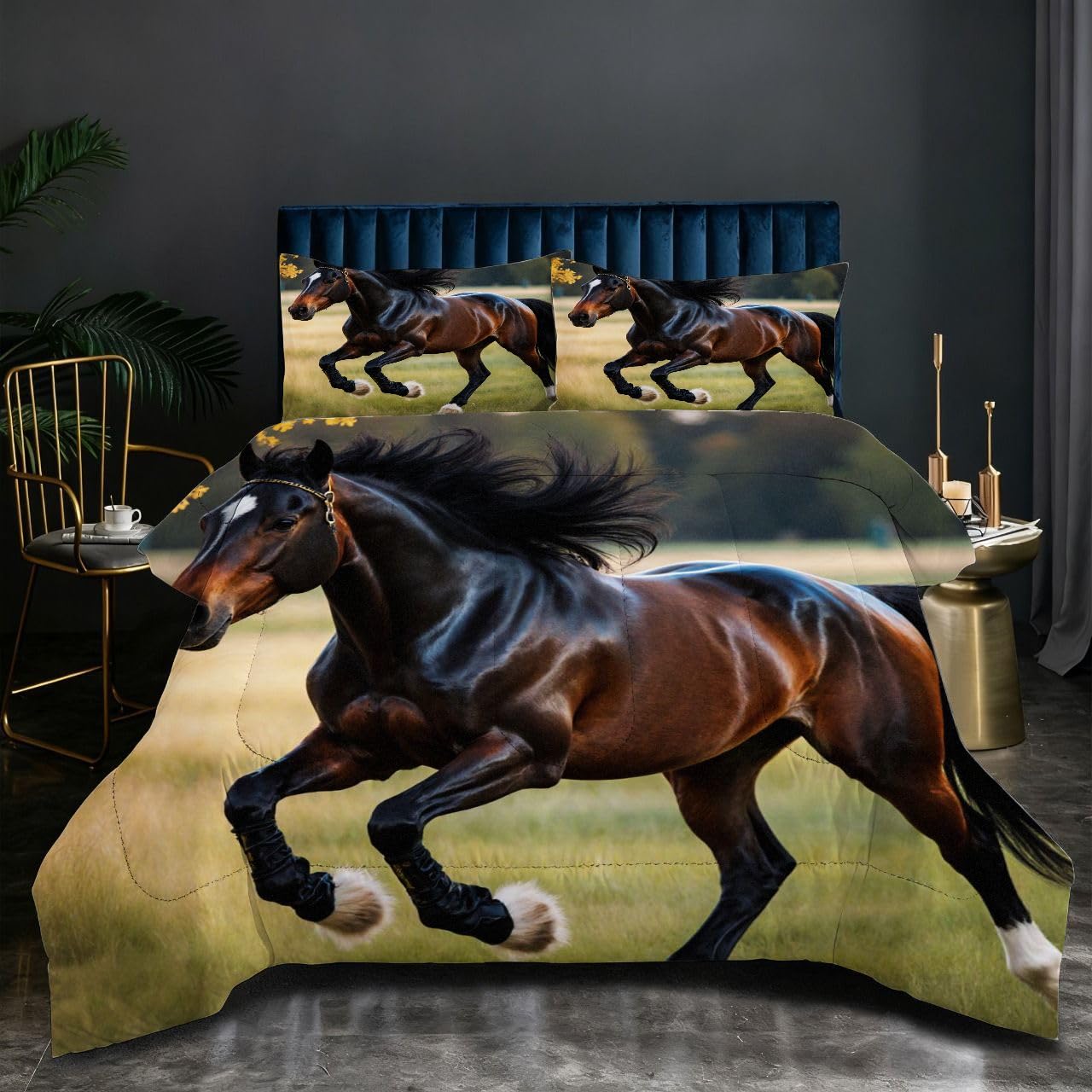 Couette lit double 180x200 cm Cheval Noir et ses 2 taies d'oreiller pour des nuits douillettes