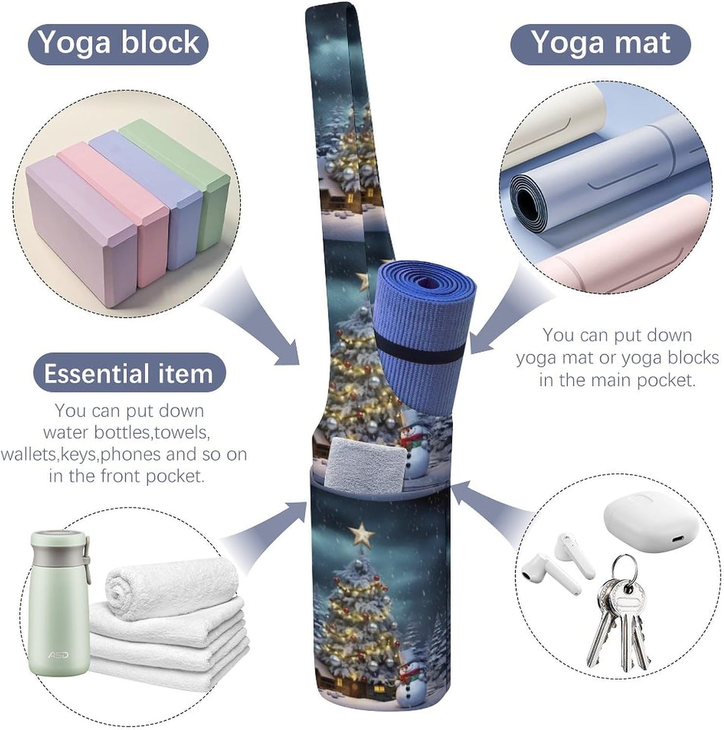 Canvas Yoga Bag,Christmas Tree Printed Yoga Mat Handbag,Portable Yoga Mat Bag Large Capacity Gym Bag for Men Women Pilates Beach Travel