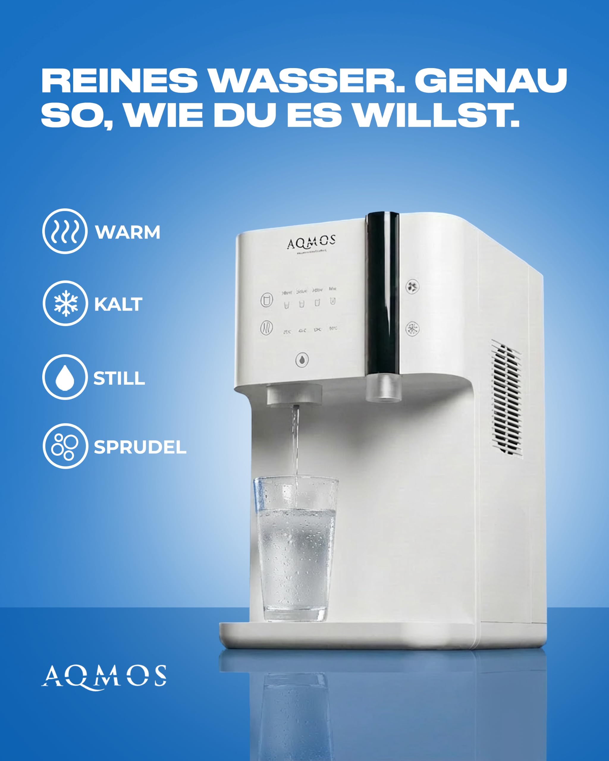 Dispensador de Agua Aqmos Drinking Blanco – Sistema Premium Todo en uno con Agua con Gas y sin Gas, Caliente y fría (5–95 °C), ósmosis inversa integrada, Control táctil, para Cocina y Oficina