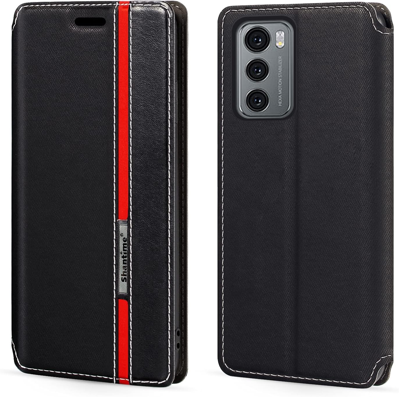 Classic Stripes Faux Leather Flip Case Compatible with LG Wing 5G, Invisible Magnetic Cover with Card Slot, Contrast Color Design(Black)