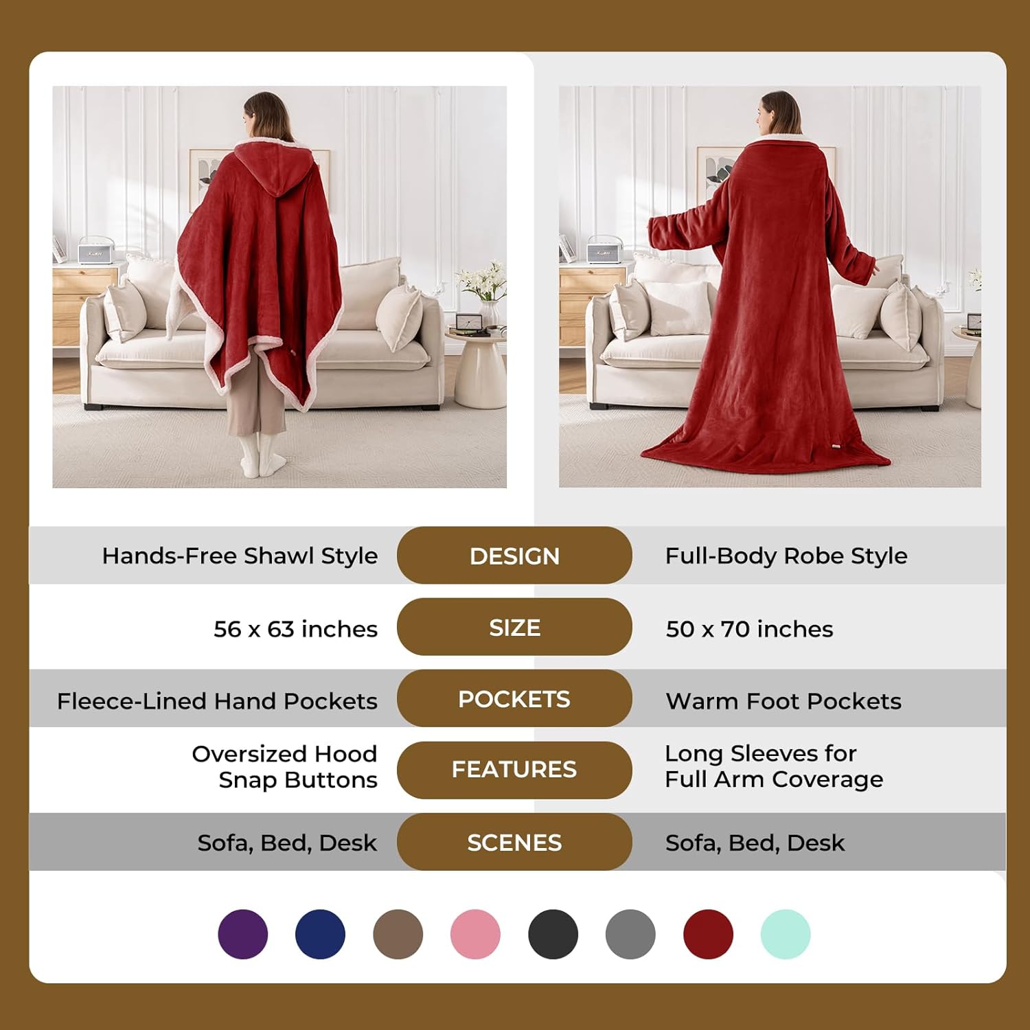 Wearable Heated Throw Blanket, Heated Shawl Electric Wrap Poncho with Hood & Pockets for Women & Men, 5 Heat Settings, 3H Auto-Off, Machine Washable, ETL Certified, Gift-Ready, 56x63, Red - Image 8