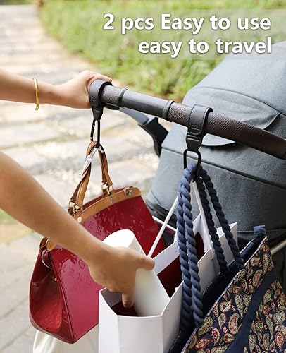 Miniatura 2 de yueqian Ganchos para cochecito, ganchos para colgar bolsas de pañales, ganchos multiusos para bolsas de compras de comestibles, correas de cuero