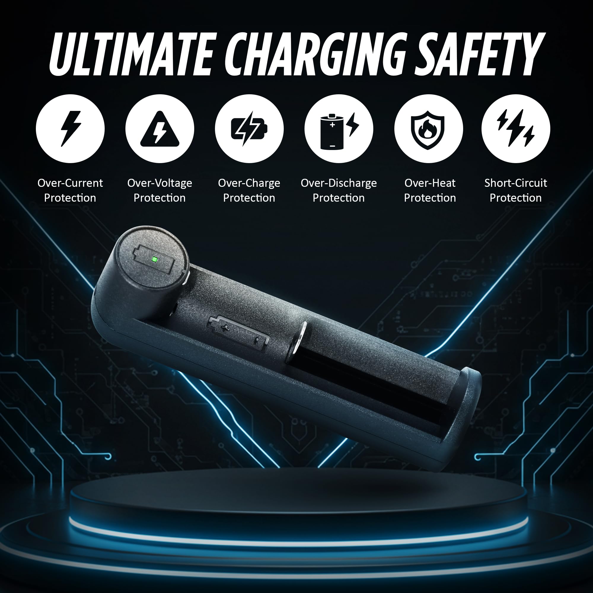 Guard Dog Security Battery Charger Single Slot, 3.7 Volt Rechargable Batteries for Flashlights, Tools and Devices, USB Fast Charging, LED Charge Indicator, Compatible with 18650, 26650, 21700