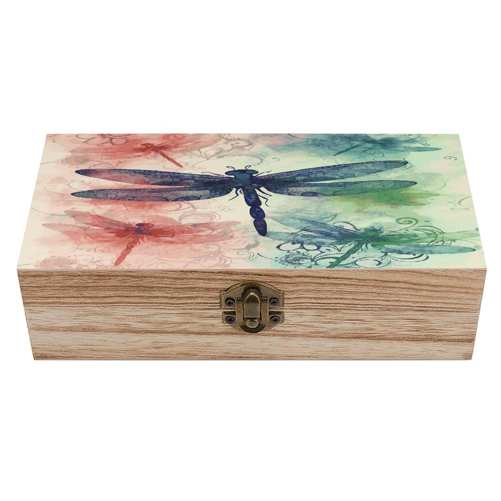 JTREHY Modern Dragonfly Wooden Keepsake Box Vintage-Style Wood Keepsake Case with Hinged Lid Solid Wood Boxes Beautifully Memory Treasure Case Vintage-Style Wooden Storage Box