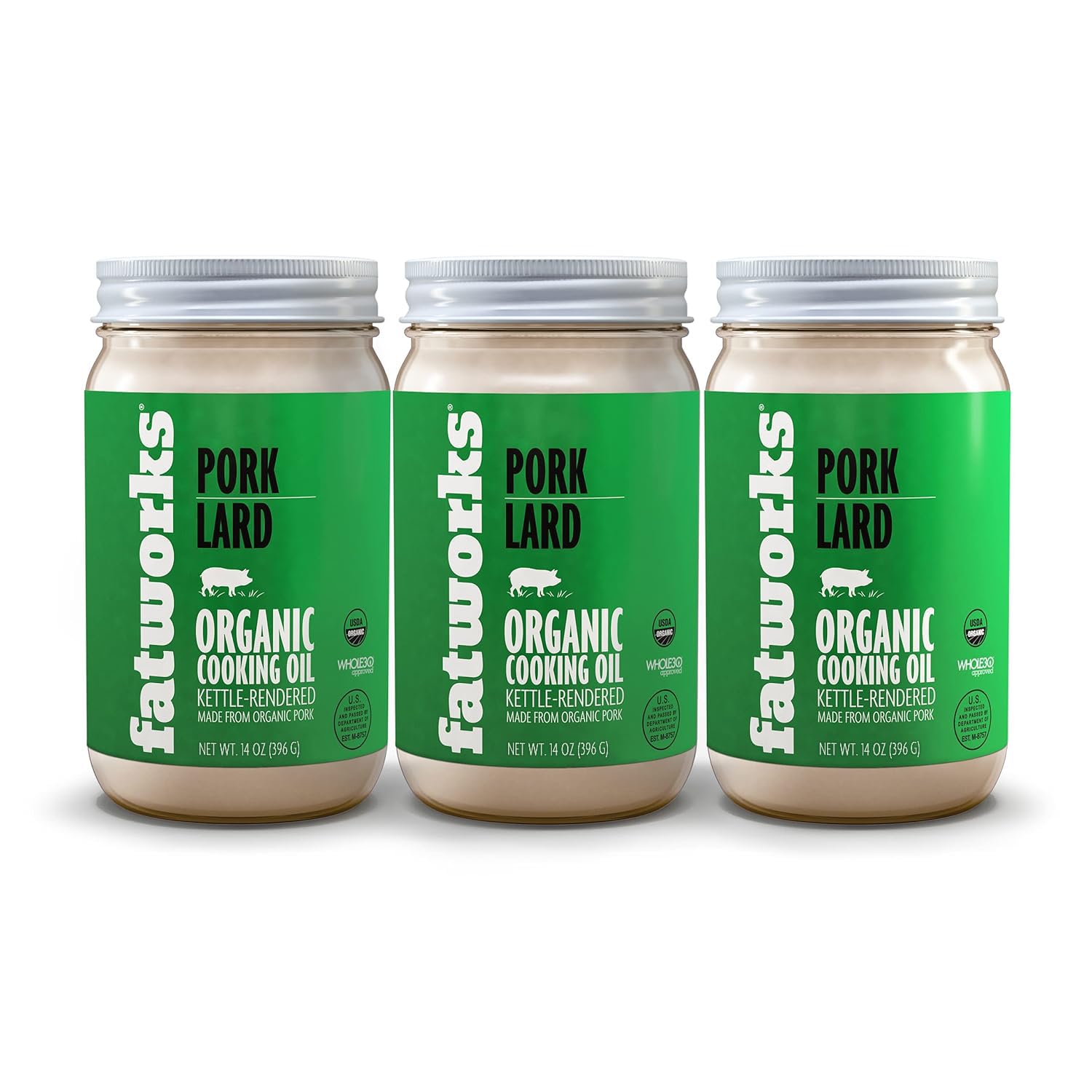 Fatworks, Certified Organic Pork Lard, NON-GMO, USDA 100% Organic for Keto, Paleo Everyday Cooking and Frying, Whole30 Approved, No Preservatives 14 OZ glass jar