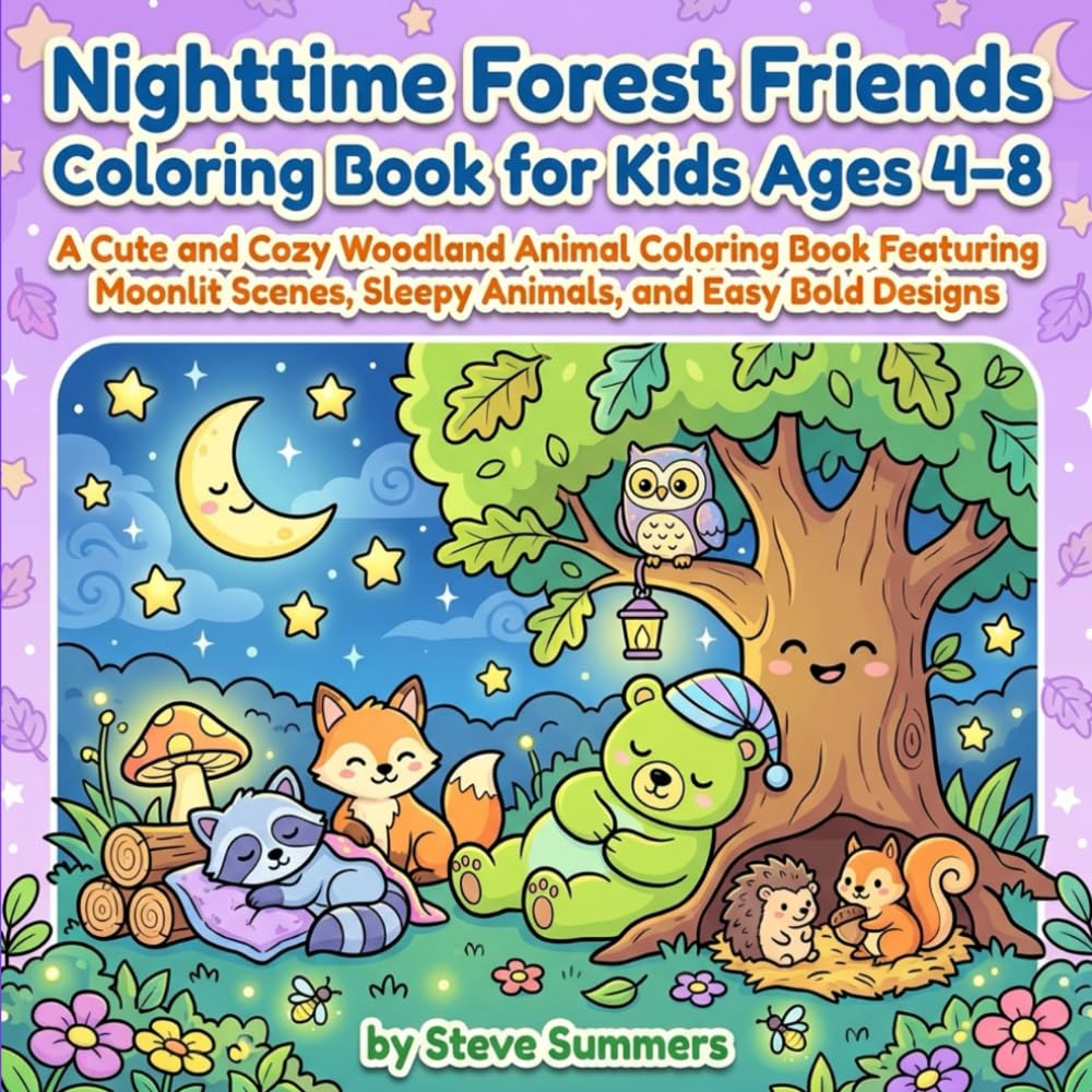 Nighttime Forest Friends Coloring Book for Kids Ages 4–8: A Cute and Cozy Woodland Animal Coloring Book Featuring Moonlit Scenes, Sleepy Animals, and Easy Bold Designs