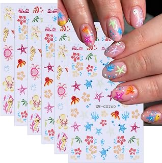 Summer Nail Stickers Nail Art Tropical Nail Decals 6PCS 3D Self-Adhesive Colorful Summer Stickers Flower Star Sea Turtle Bow Coral Design Ocean Beach Theme Cute Nail Art Supplies for Women Nail Decor