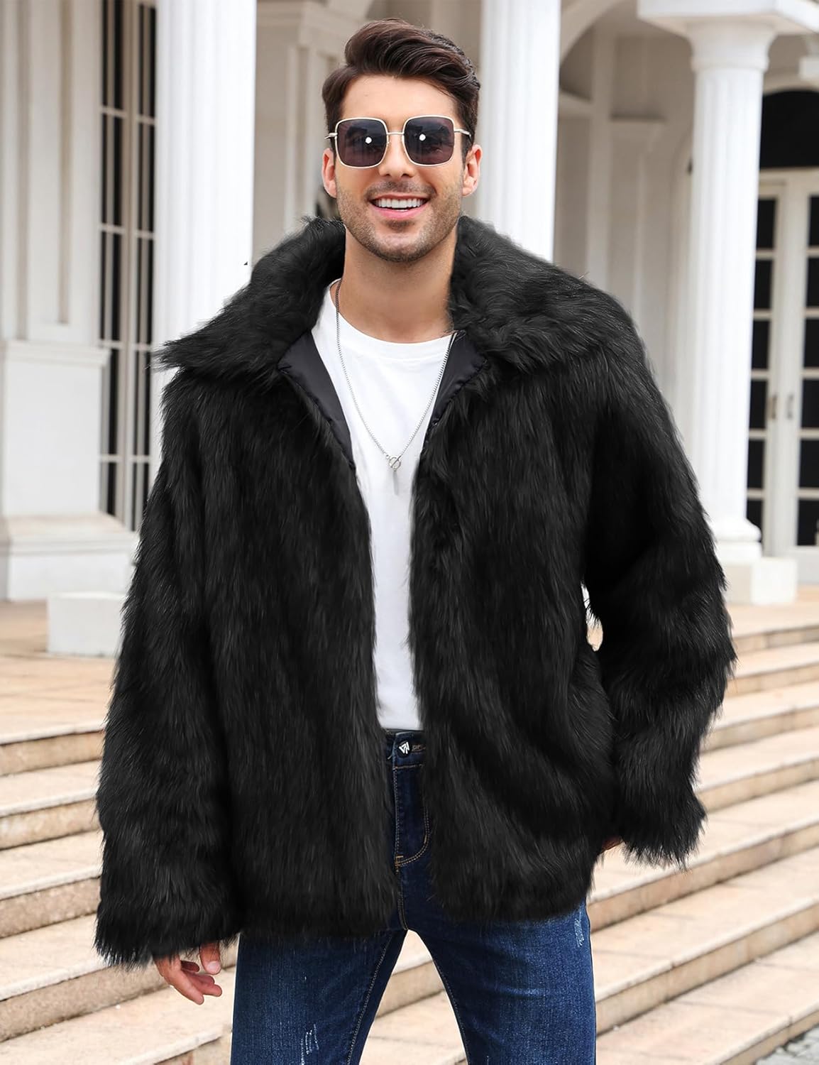 Gihuo Faux Fur Coat Winter Jackets for Men Mens Winter Coats Faux Fur Jacket Warm Fluffy Furry Trench Fake Fur Jacket - Image 3