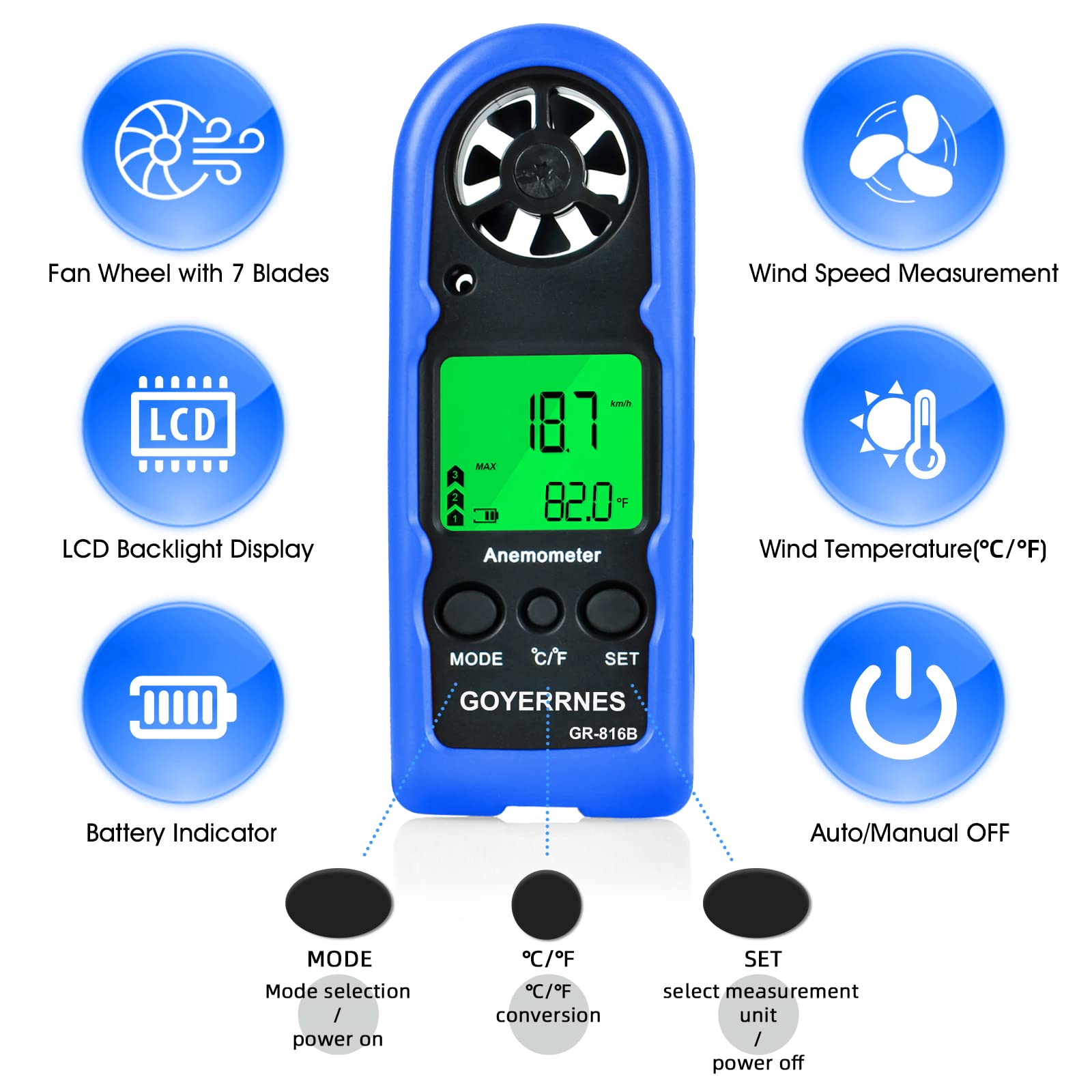 Anemometro Digitale,GR-816B anemometro portatile con velocità del vento 0.3-30m/s,retroilluminazione per misurazione del wind chill,velocità del vento/temperatura(℃/℉)per le riprese Windsurfing Pesca