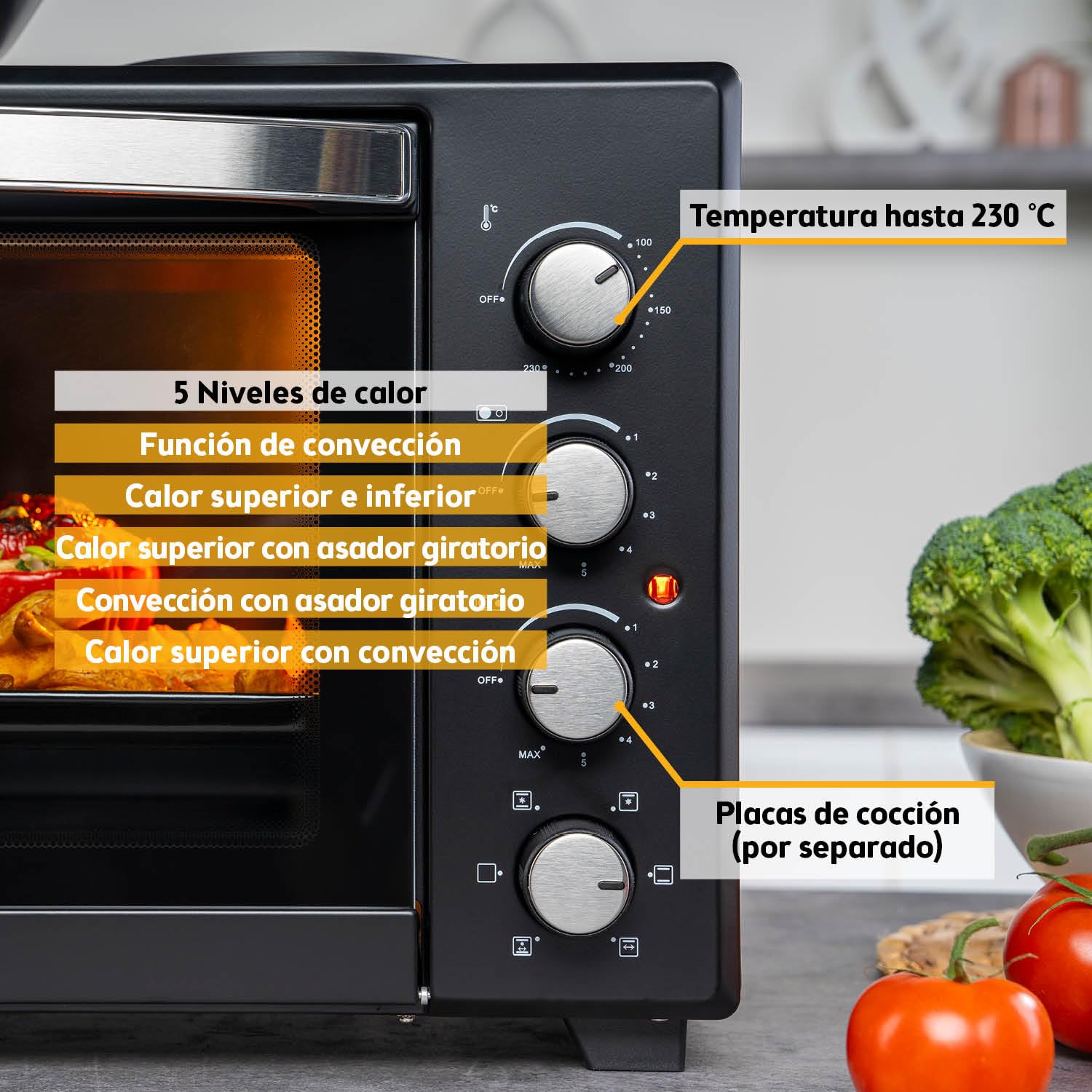 First Austria Mini Horno 45L 3200 W con Quemadores para Pizza 230°C Revestimiento Antiadherente Multihorno 4 Alturas