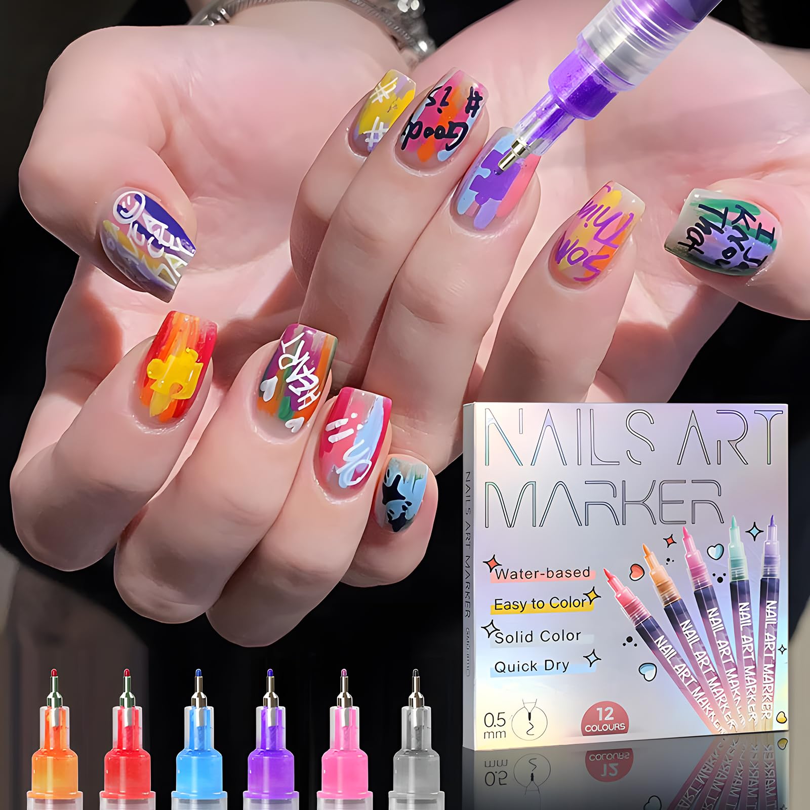 12 Colours Nail Art Pens Set, Fine Tip Nail Art Marker for Real Nails & Acrylic - Image 2