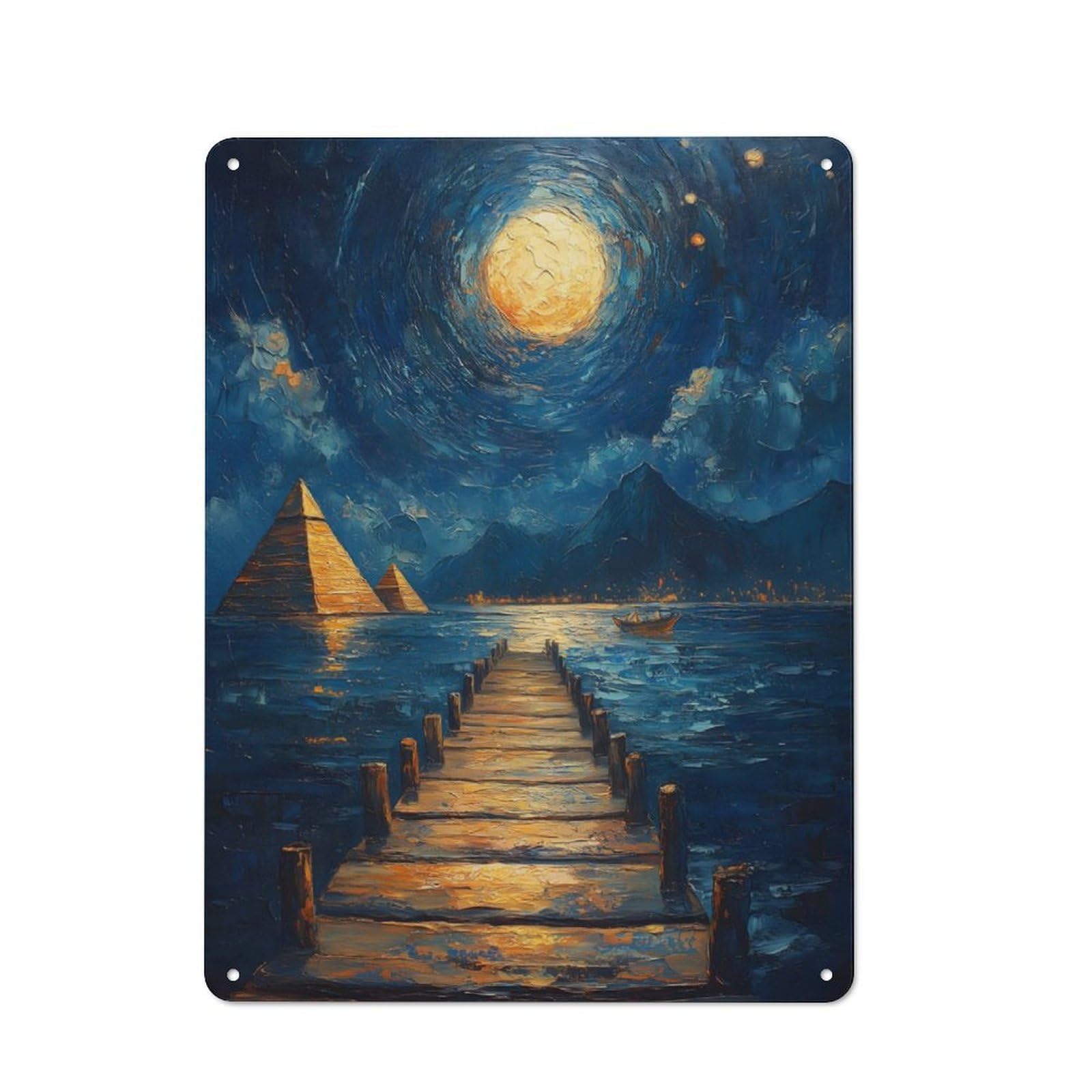 Junmoney Pyramids Under Moonlight Classic Metal Wall Plaque 40X30cm, Retro Room Decor For Bedroom, Office, Home Bar Or Dining Room