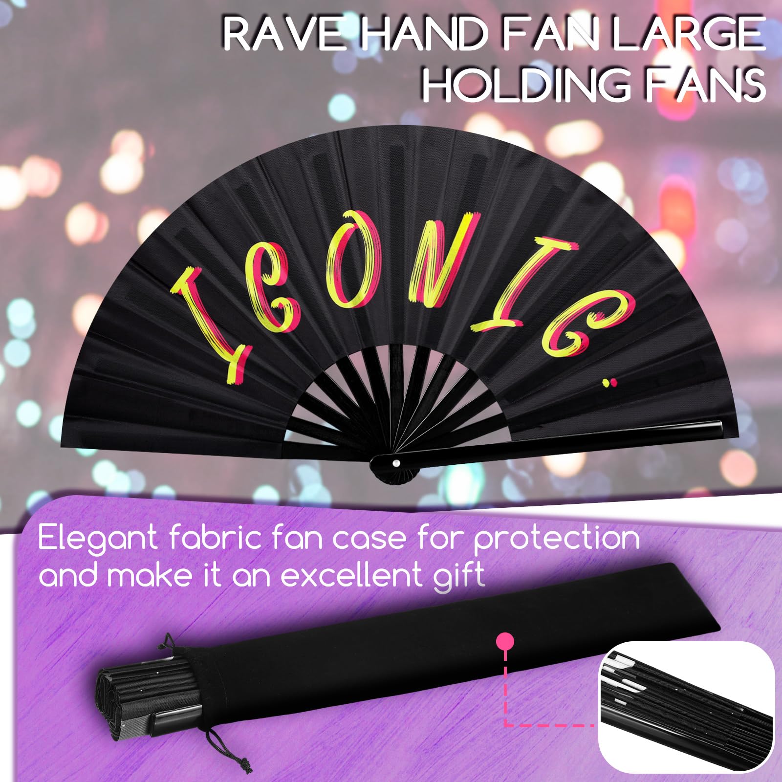 FairySandy 6 abanicos de mano grandes para rave, abanicos icónicos, abanicos plegables de bambú, abanicos chinos de mano para mujeres y hombres, conciertos, festivales, desfiles, actuaciones de fiesta