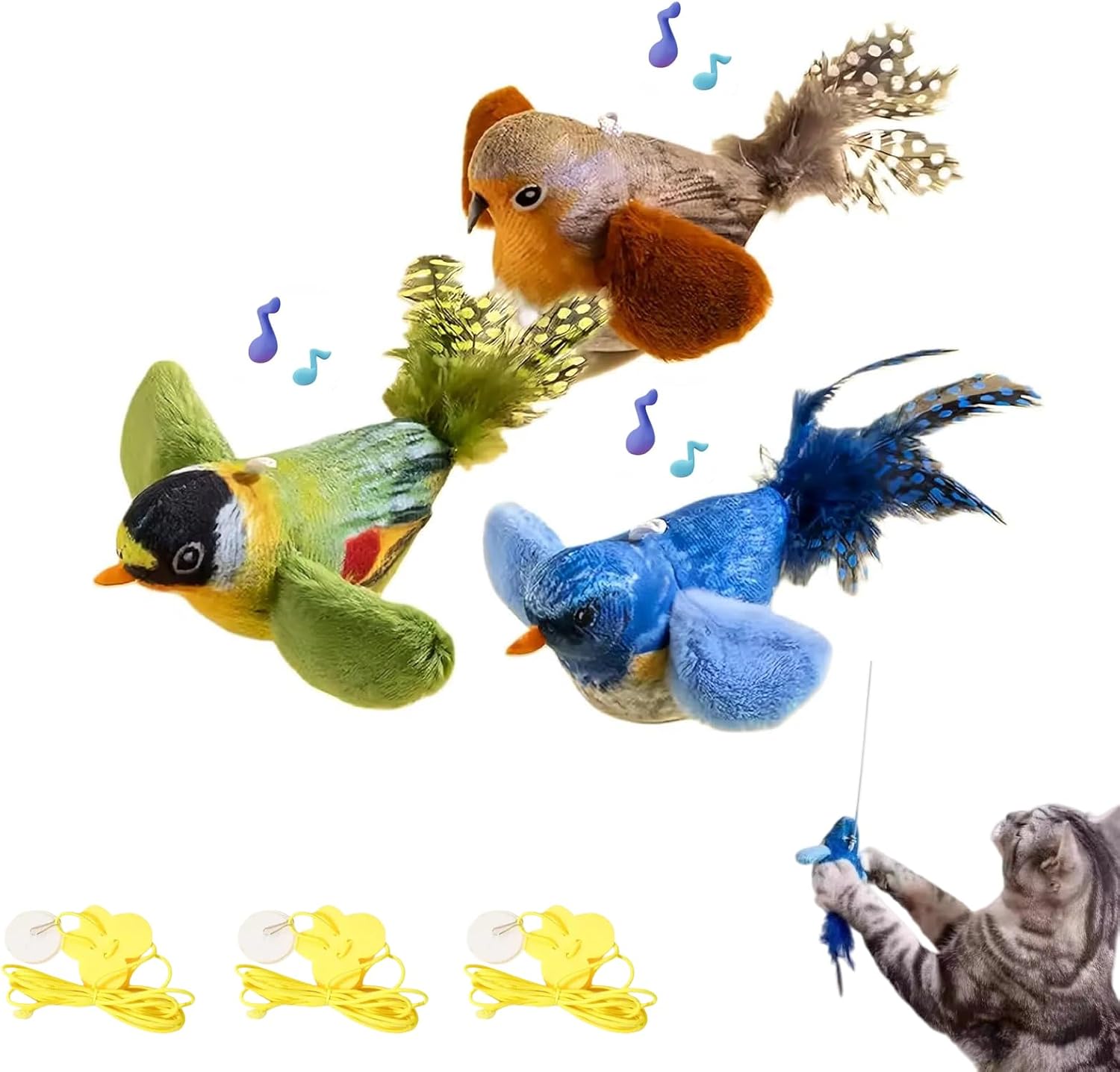 Interactive Hanging Door Cat Toys for Indoor, 3 Pack Simulated Vocal Flapping Flying Bird Cat Toys, Fun Play Chase Exercise Accompany Make Sounds Pets Kitten Plush Toys