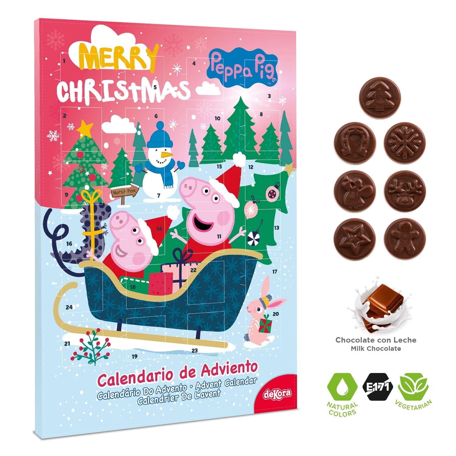 Calendario de adviento Peppa Pig 24 chocolatinas 50g chocolate con leche colorantes naturales Navidad