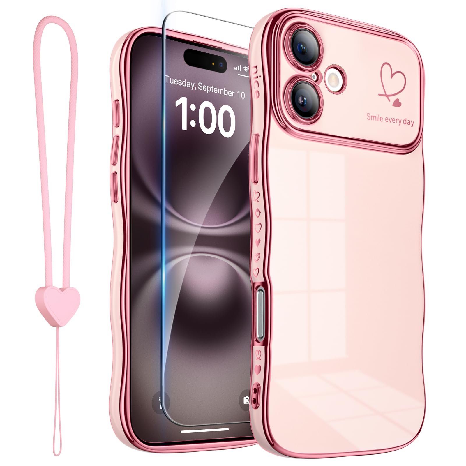 ROYBENS for iPhone 16 Plus Case Wave Frame with Screen Protector Wrist Strap, Women Girls Cute Plating Heart Design, Full Camera Lens Protection,