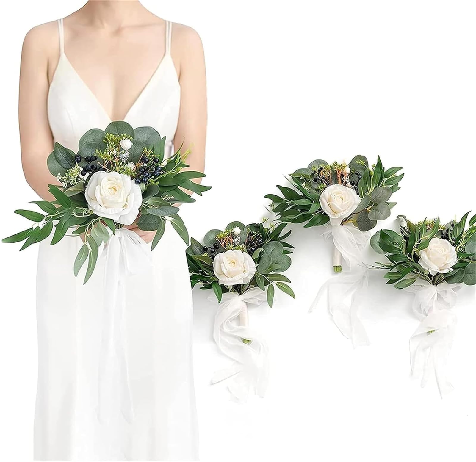 CVJdfhRE bridal bouquet， 3Pcs Artificial Bridesmaid Bouquets,16.5in White Rose Wedding Bridal,Handmade Bride