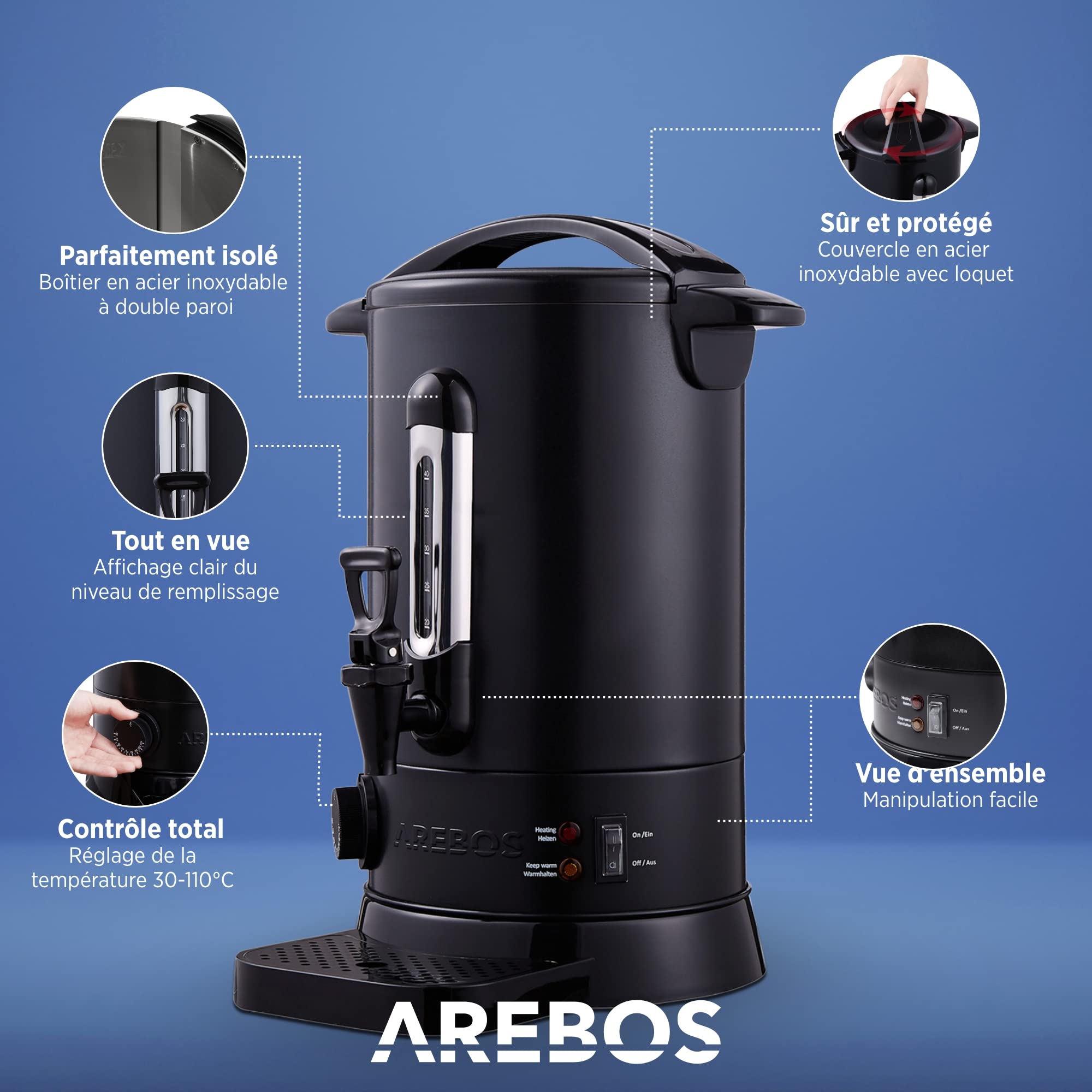 Arebos Distributeur de Boisson Chaudes 950W | Chaudière à eau 8,8L 40 Tasses | Marmite à Vin Chaud en Inox | Thé Café Soupe Dispositif de réchauffement |Thermostat | Réglage de la température 30-110°C
